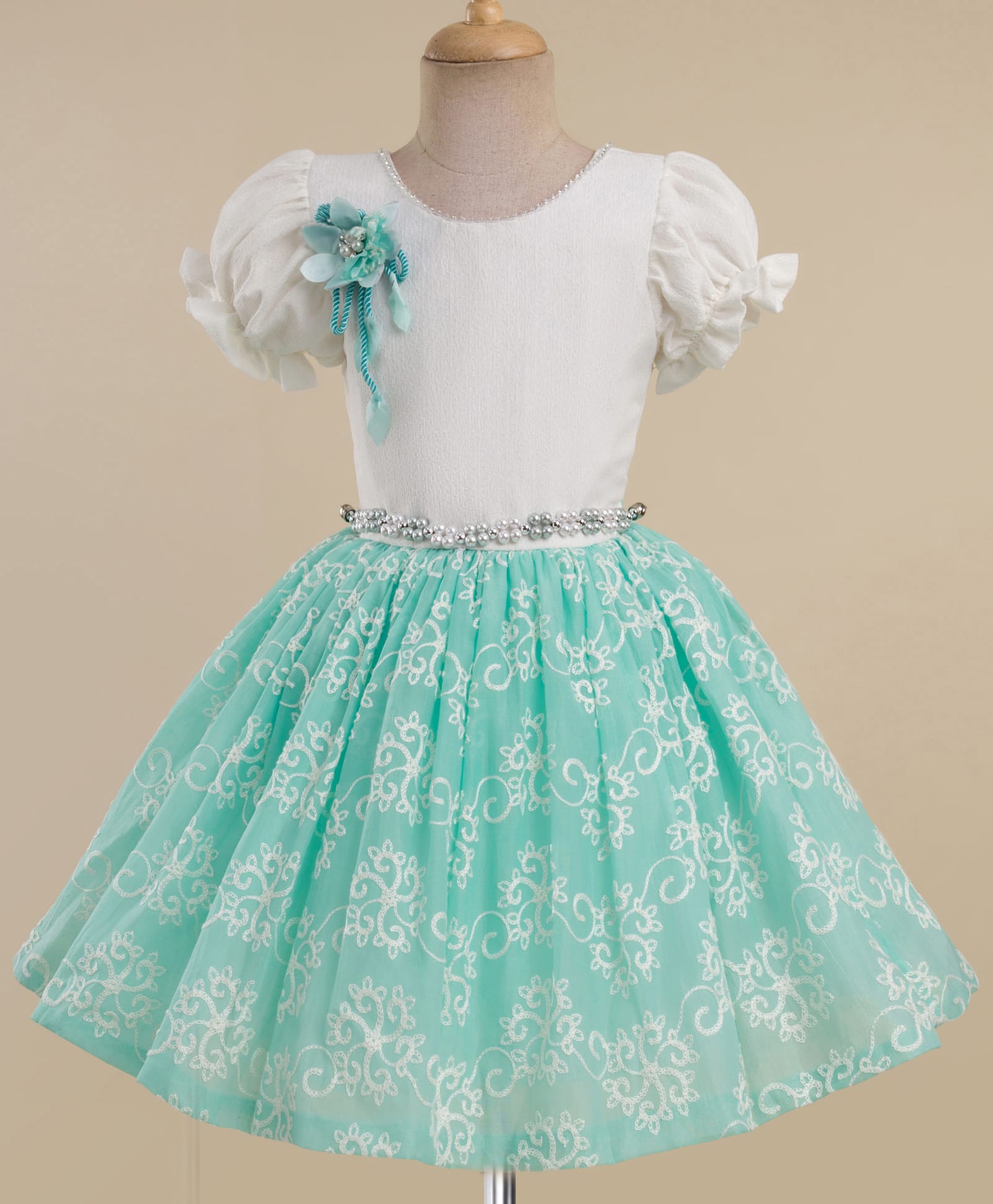 Enfance Half Puffed Sleeves Pearls & Stone Embellished Floral Applique Detailed & Embroidered Knee Length Dress - Sea Green-picture-29