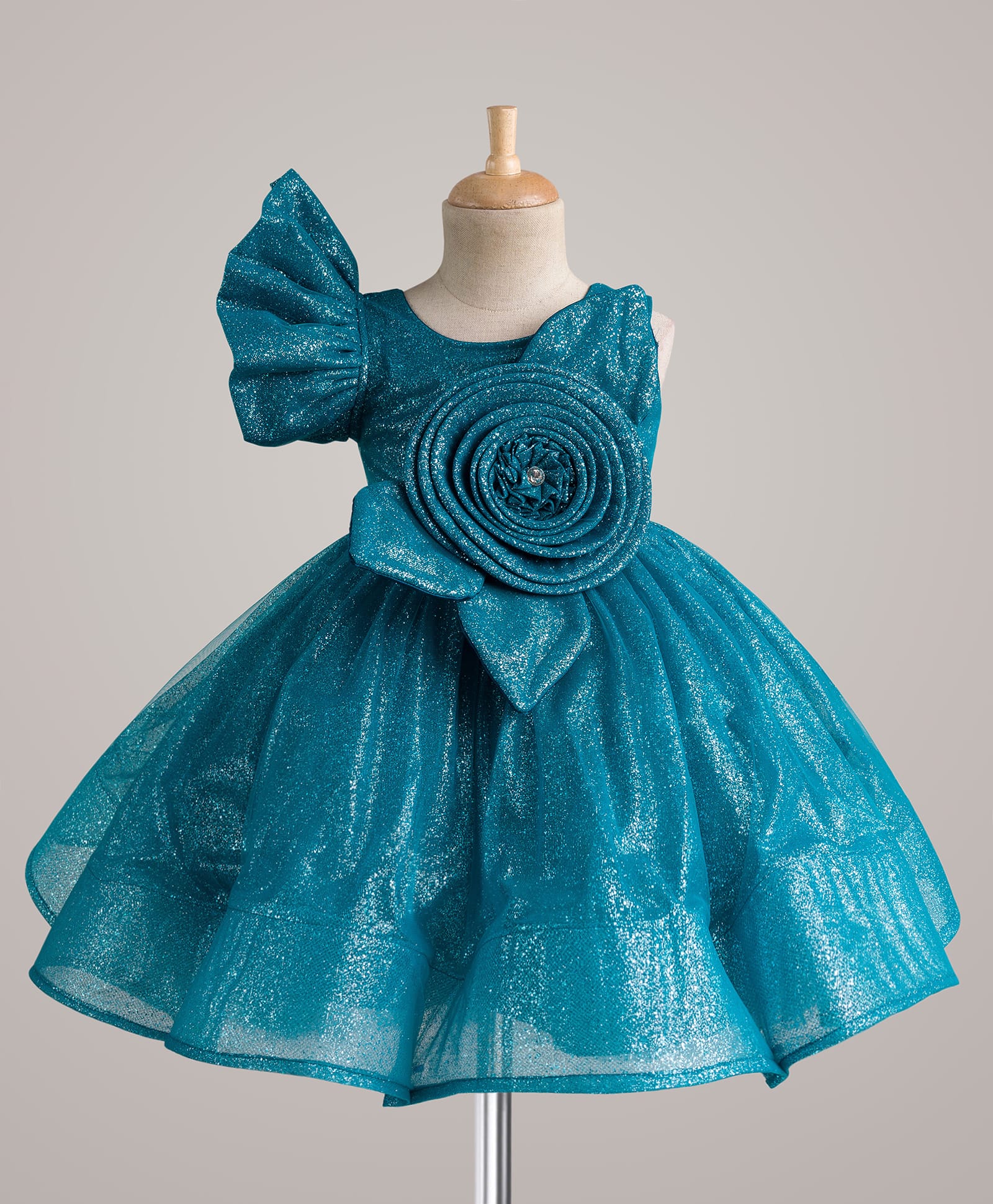 Enfance One Shoulder Glitter & Stone Embellished Floral Applique Detailed Knee Length Dress - Blue-picture-45