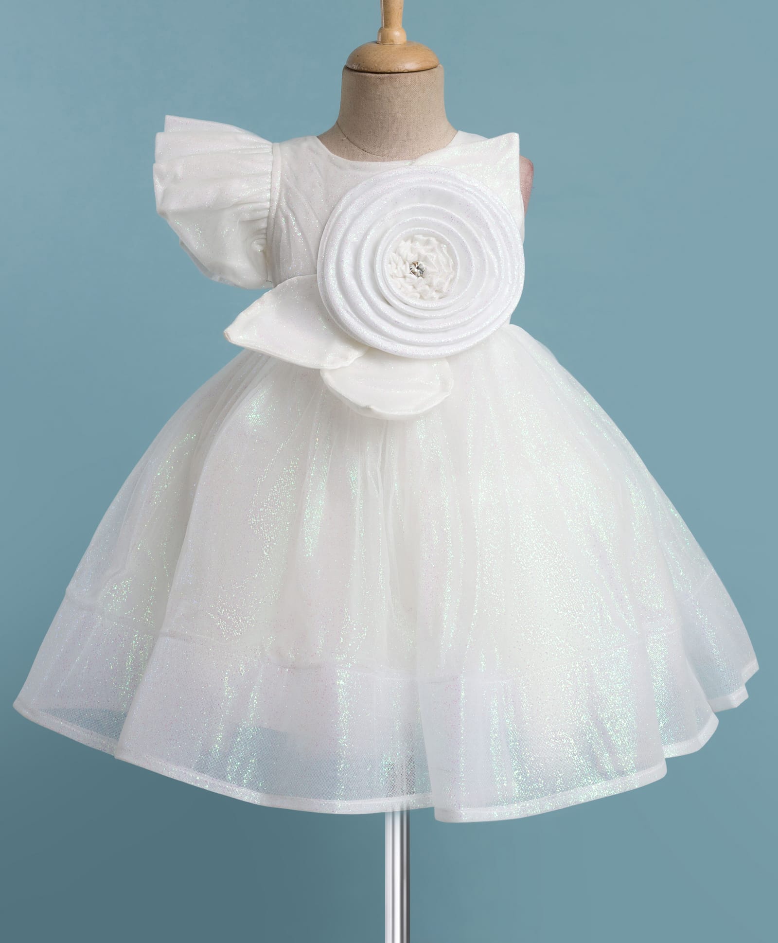Enfance One Shoulder Glitter & Stone Embellished Floral Applique Detailed Knee Length Dress - White-image-17