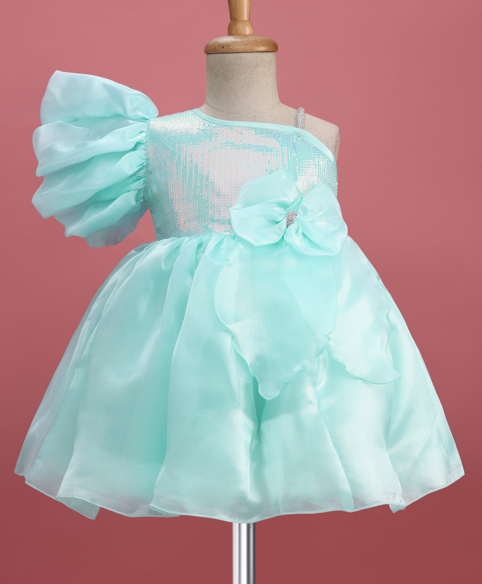 Enfance Half Sleeves Sequins Embellished & Bow Applique Detailed Knee Length Dress - Sea Green-image-31