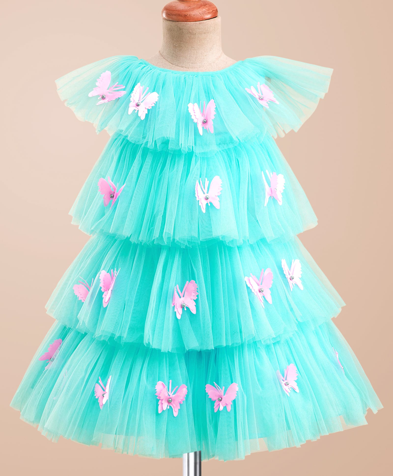 Enfance Sleeveless Pearl Embellished Butterfly Applqiue Detailed Layered Knee Length Dress - Ferozi-picture-5