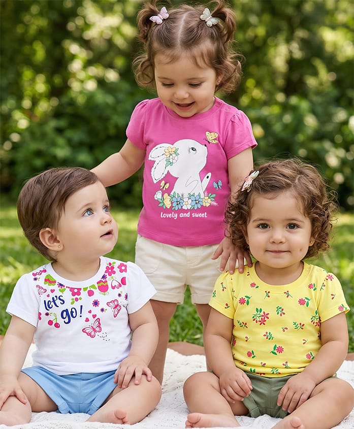 Doodle Poodle 100% Cotton Knit Half Sleeves T-Shirts With Bunny & Floral Print Pack of 3 - Yellow Pink & White-picture-17