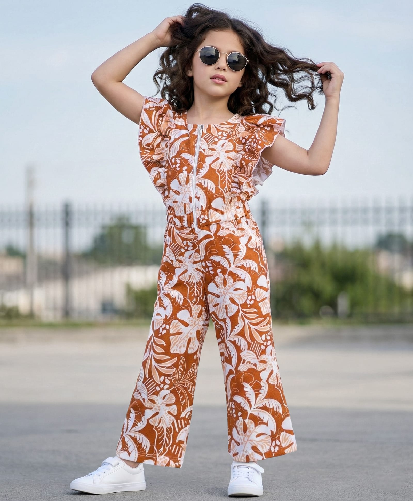 OLLINGTON ST. Cotton Knit Frill Sleeves Tree Printed Jumpsuit - Brown & White-picture-20