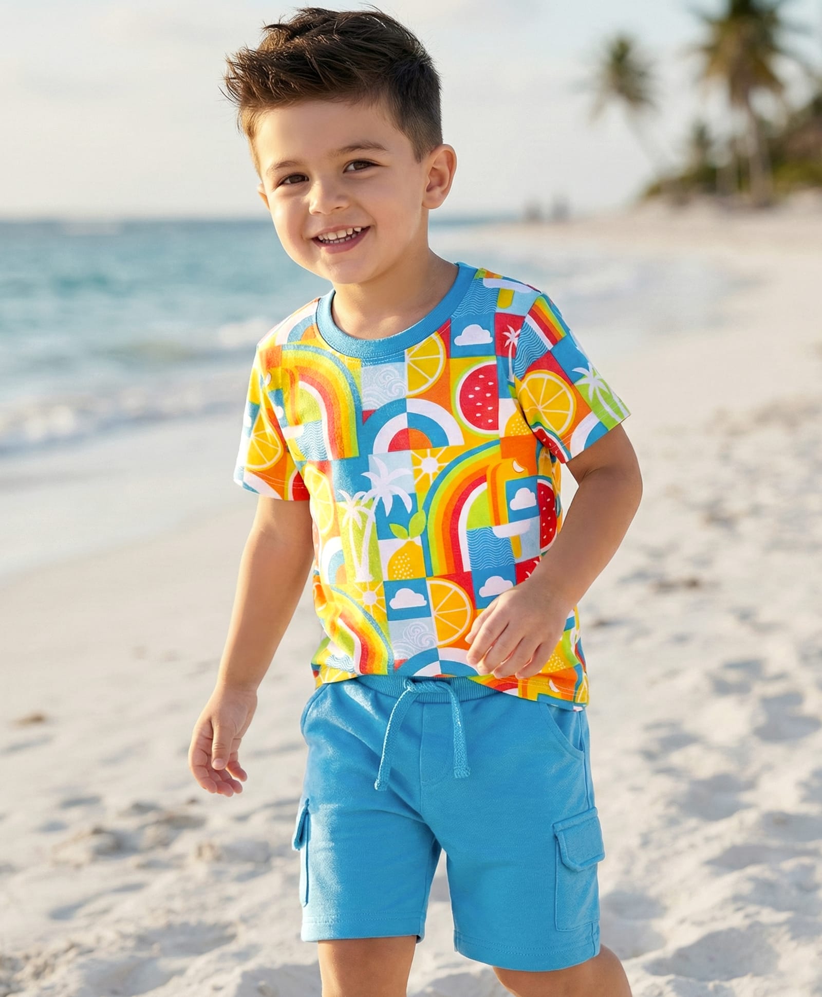 Babyhug Single Jersey Knit Half Sleeves T-Shirt & Shorts Set With Tropical Print - Multicolor-picture-36