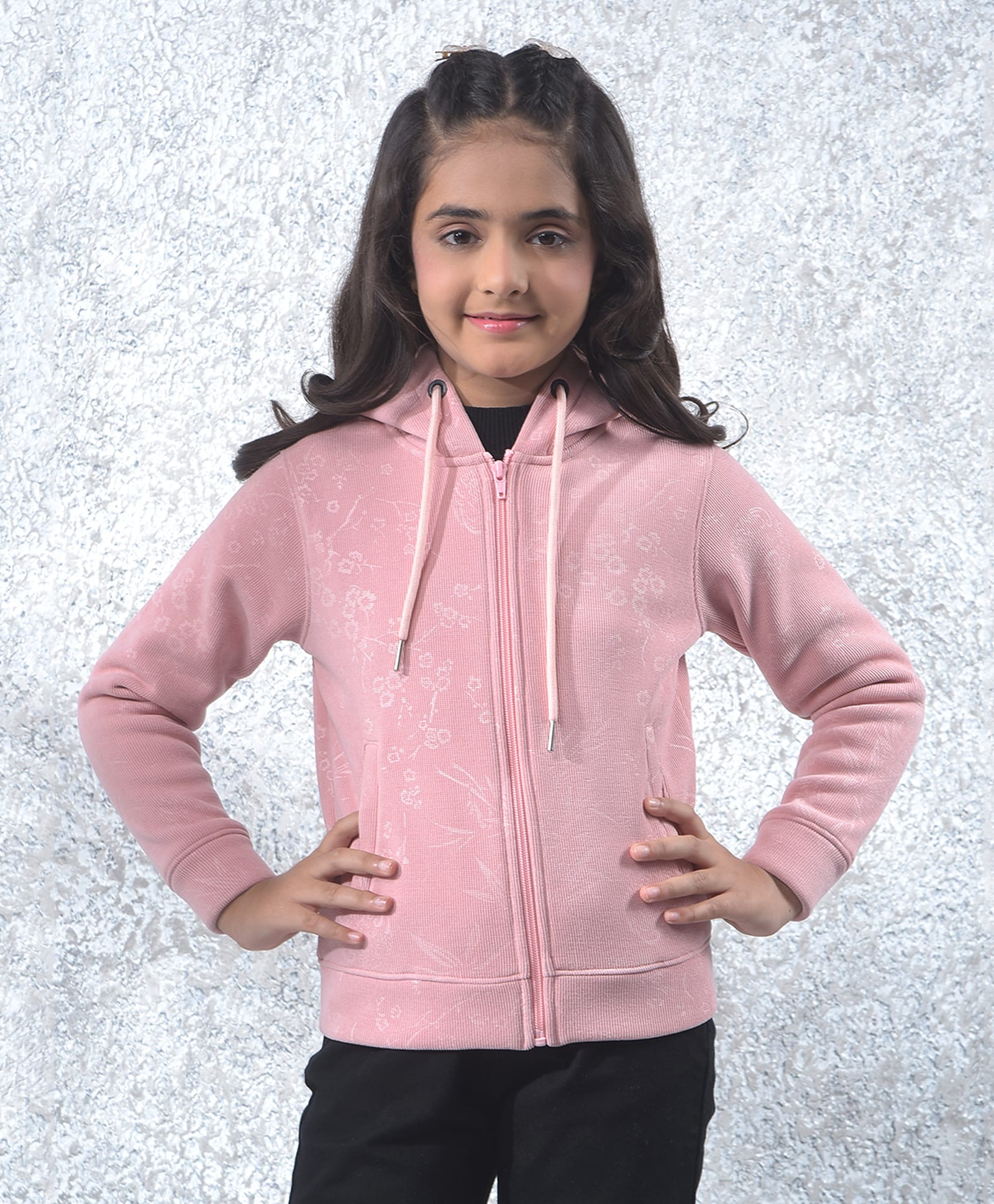 CRIMSOUNE CLUB Knit Full Sleeves Floral Designed Light Winter Hooded Sweatjacket - Pink-picture-29