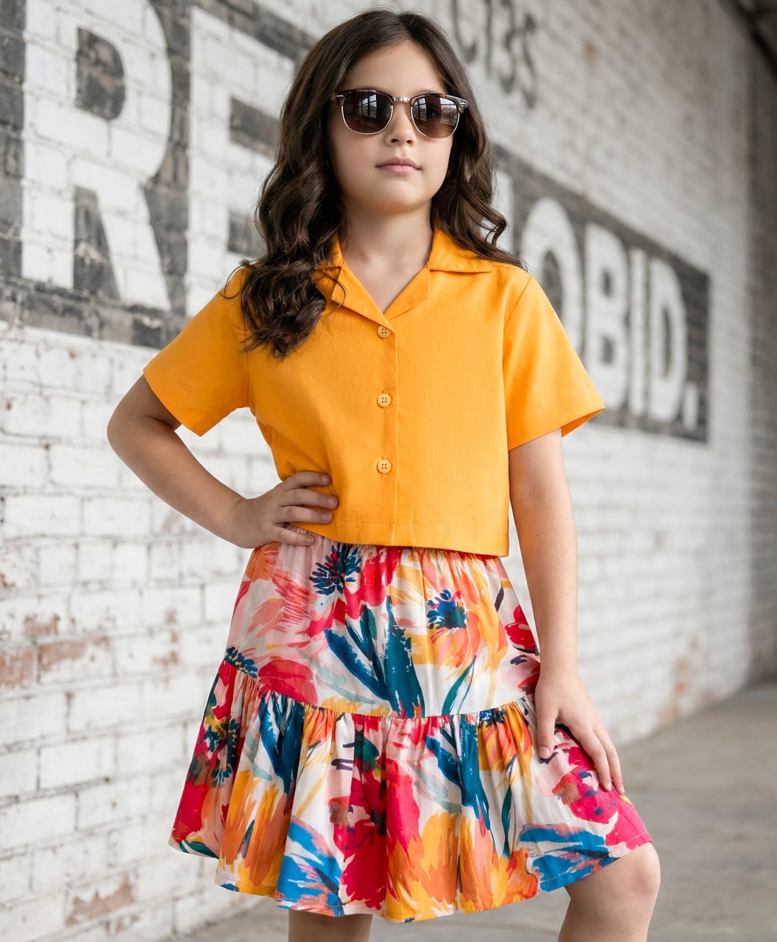 OLLINGTON ST. Cotton Knit Half Sleeves Top & Woven Printed Skirt Set - Yellow & Multicolor-picture-18
