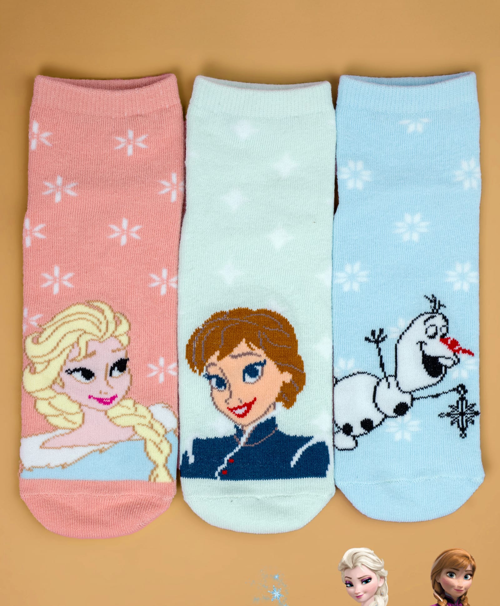 Yellow Bee Cotton Knit Pack Of 3 Disney Frozen Featuring Elsa Anna & Olaf Designed Socks - Multi Colour-image-32