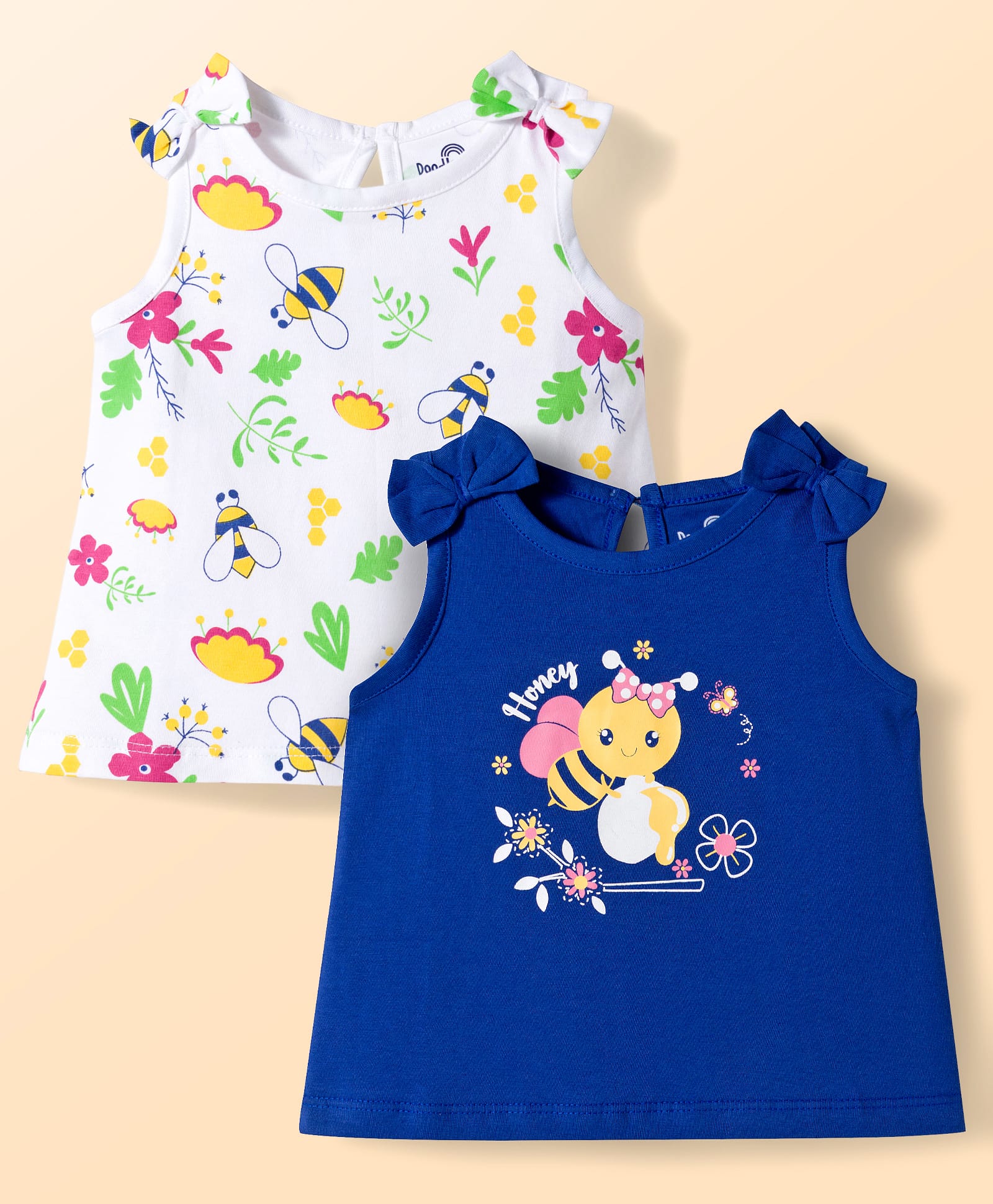 Doodle Poodle 100% Cotton Knit Sleeveless Bee & Floral Printed Tops With Bow Applique Pack Of 2 - White & Navy Blue