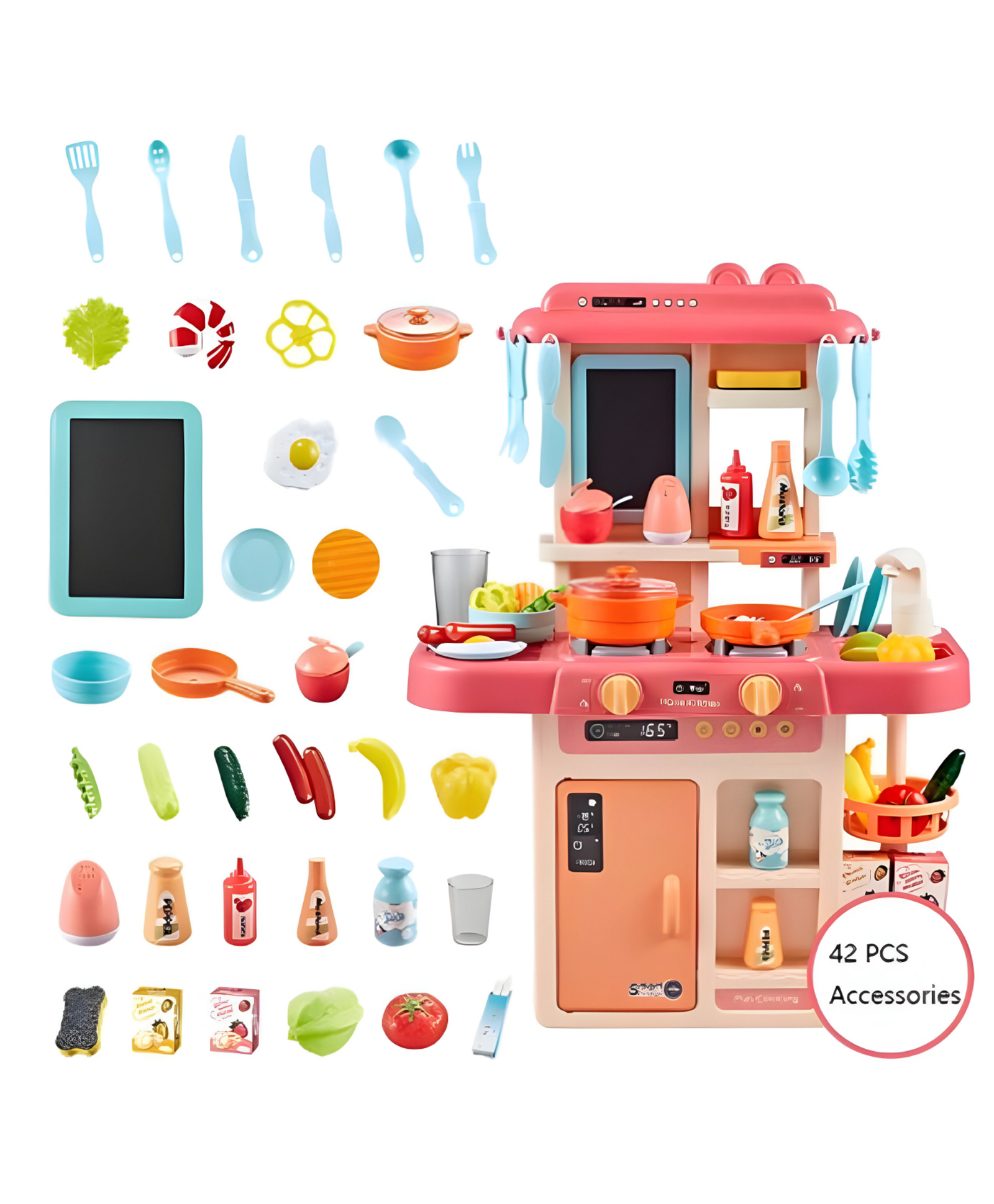 NEGOCIO 42 Pcs Modern Kitchen Set with Steam, Light, Sound, and Water Effect | Realistic Pretend Play for Kids- PACK OF 1- COLOR MAY VARY-image-8