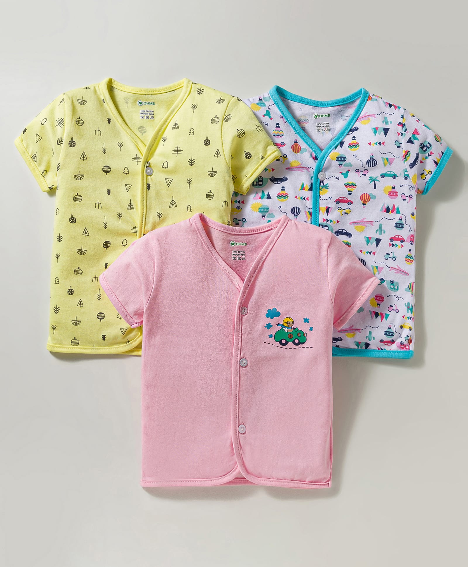 OHMS Single Jersey Knit Half Sleeves Jhablas With Vehicle Print Pack Of 3 - Pink Yellow & White-picture-24