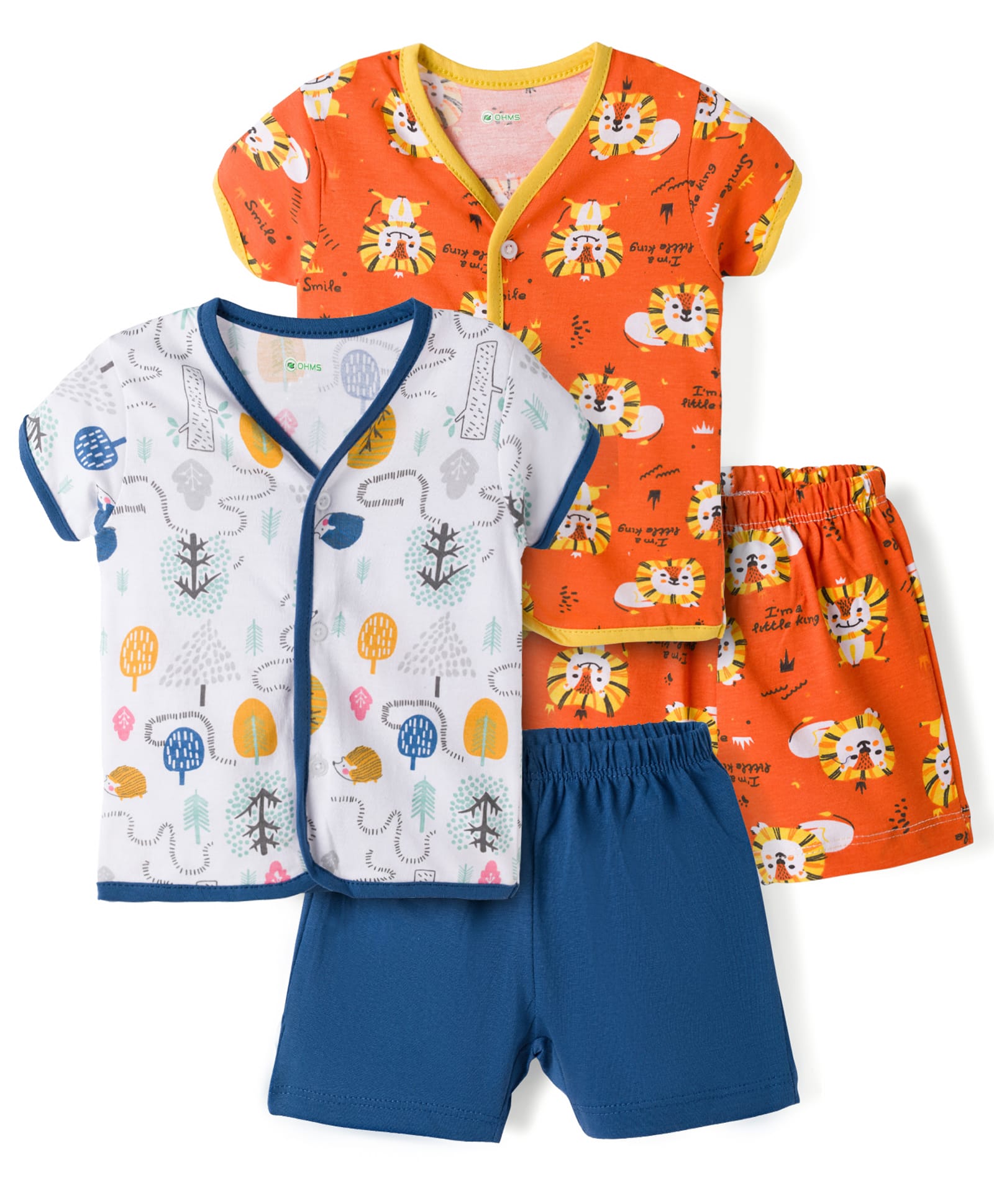 OHMS Single Jersey Knit Half Sleeves Shorts Night Suit with Jungle Theme Print Pack of 2 - Orange & Blue-image-38