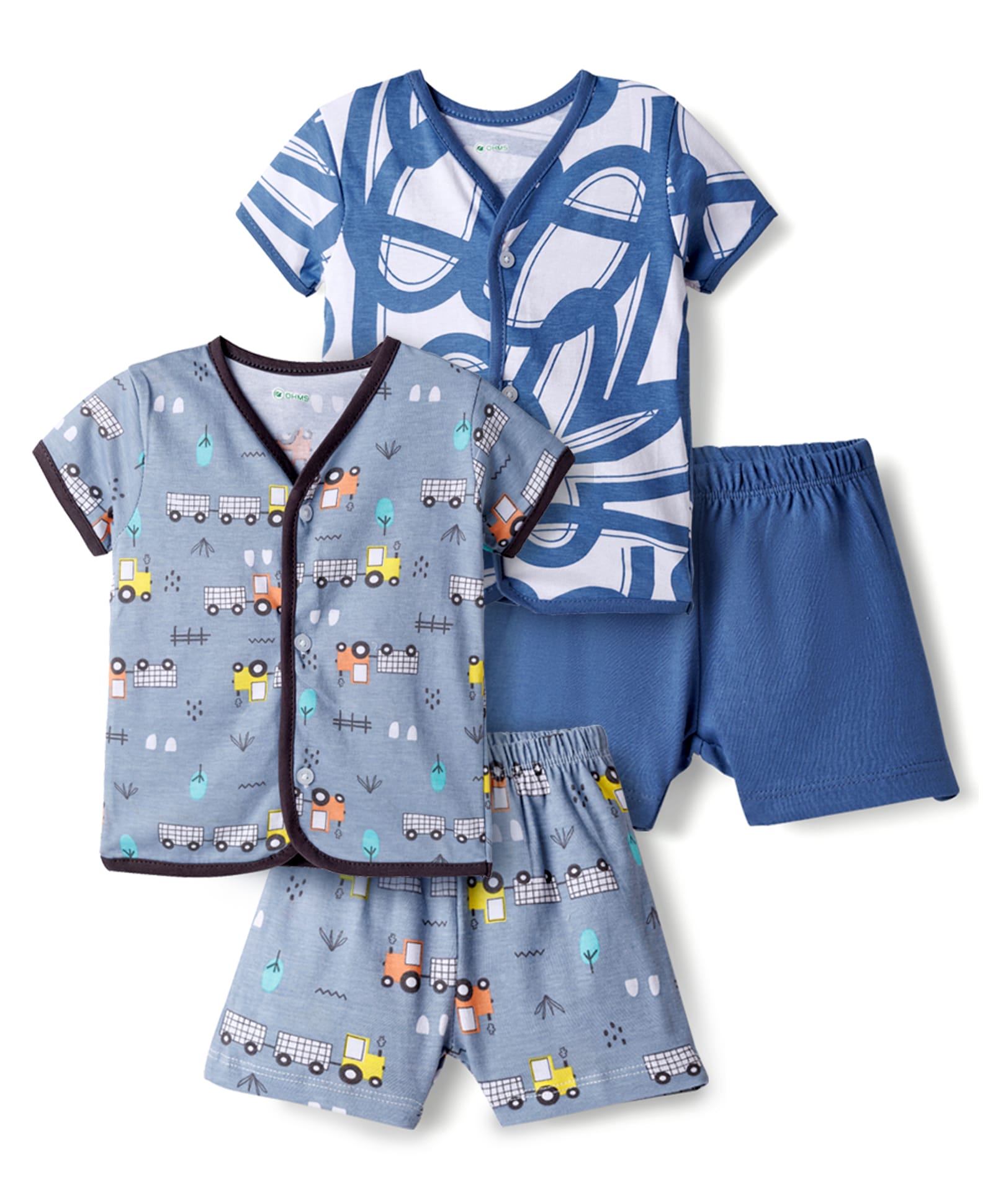 OHMS Single Jersey Knit Half Sleeves Shorts Night Suit With Vehicle Print Pack Of 2 - Navy Blue & White-image-39