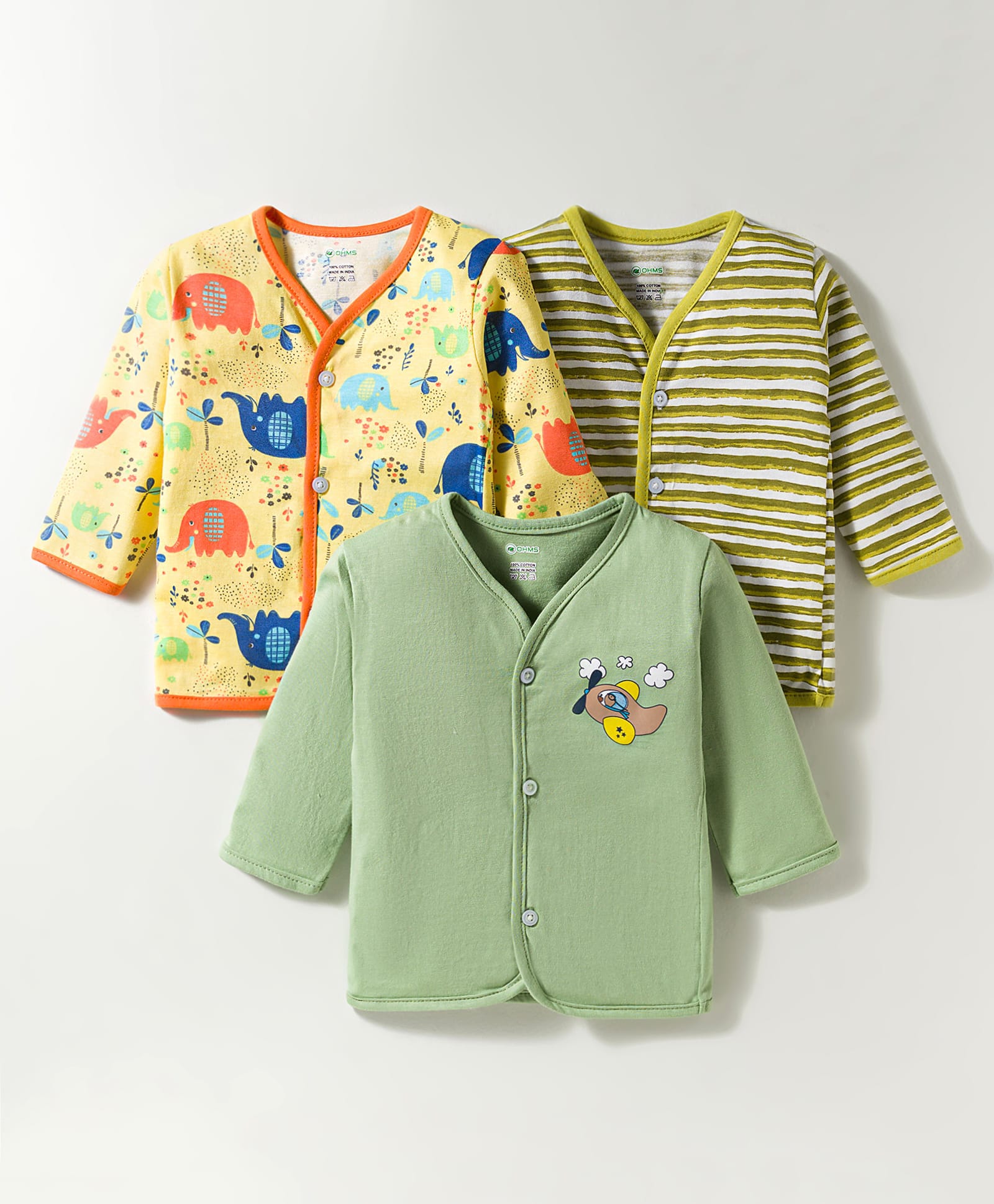 OHMS Single Jersey Knit Full Sleeves Jhablas With Elephant Print Pack Of 3 - Yellow Olive Green & Light Green-image-45