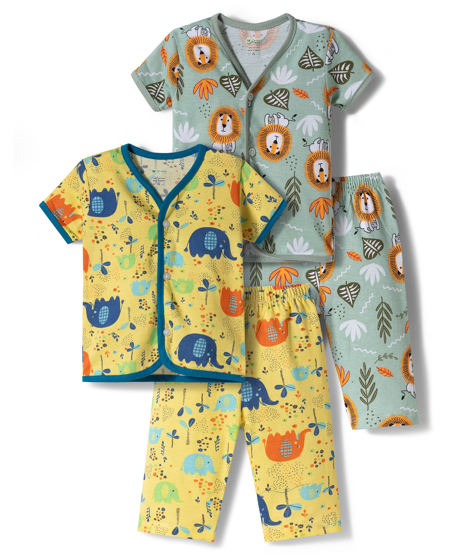 OHMS Single Jersey Knit Half Sleeves Co-ords Night Suit With Elephant Print Pack Of 2 - Mustard & Sea Green-image-34
