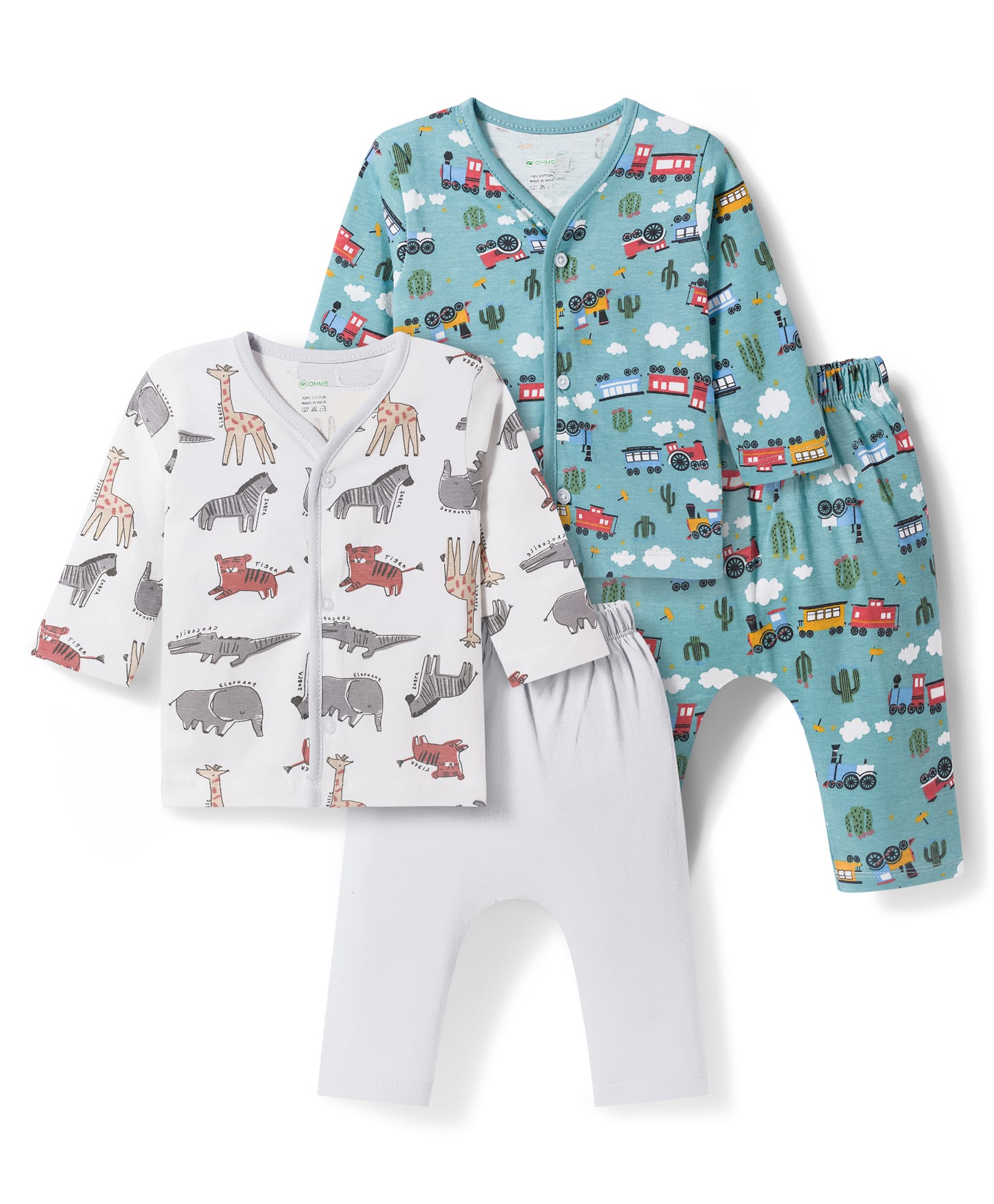 OHMS Single Jersey Knit Full Sleeves Co-ords Night Suit With Jungle Theme Print Pack Of 2 - White & Teal Blue-image-14