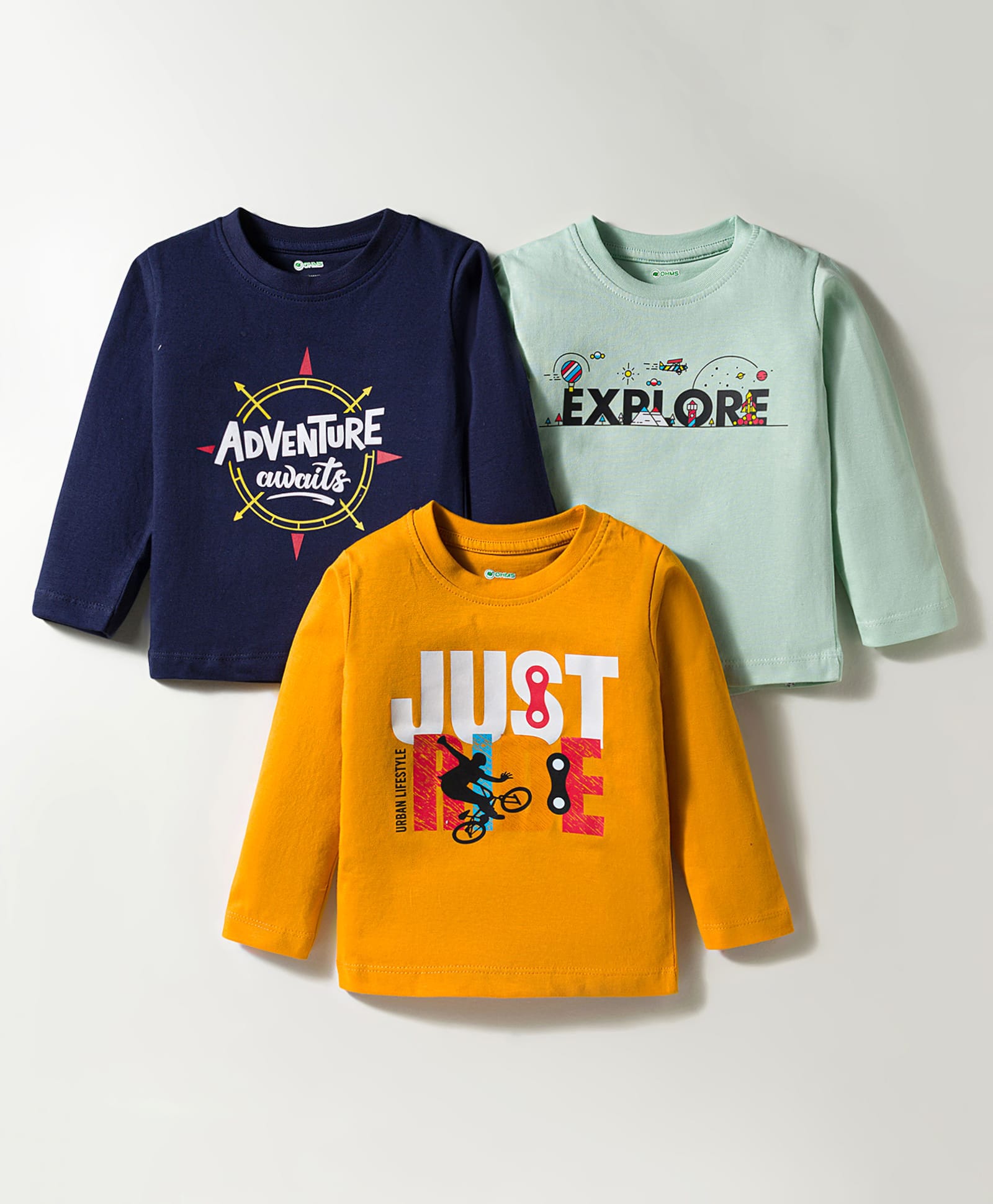 OHMS Single Jersey Knit Full Sleeves T-Shirt With Explore Print Pack Of 3 - Yellow Navy Blue & Light Blue-image-36