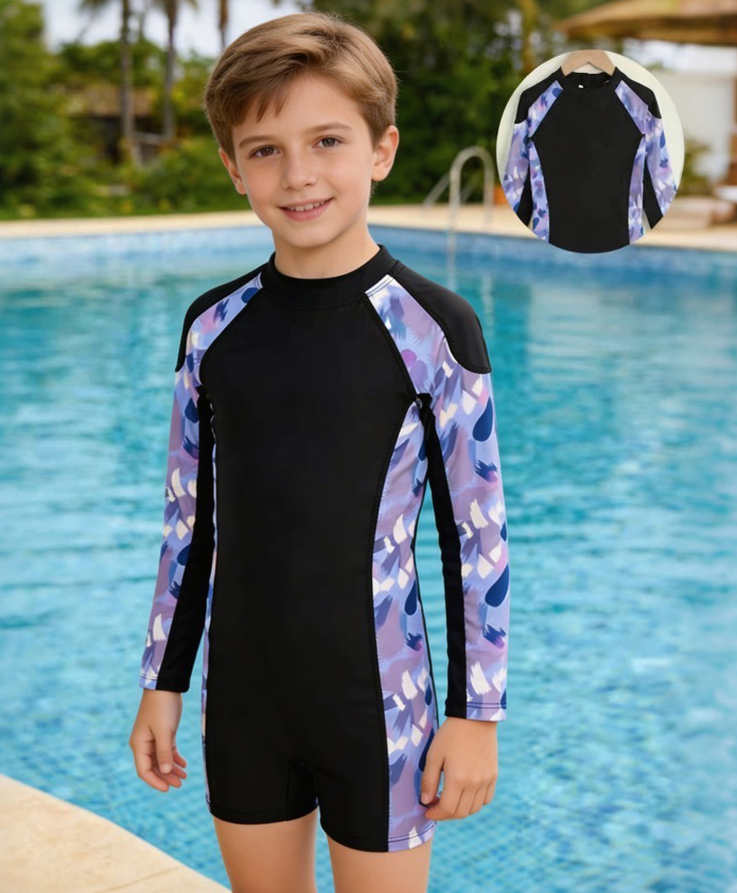 Pine Kids Full Raglan Sleeves Printed Legged Swimsuit - Black-image-27