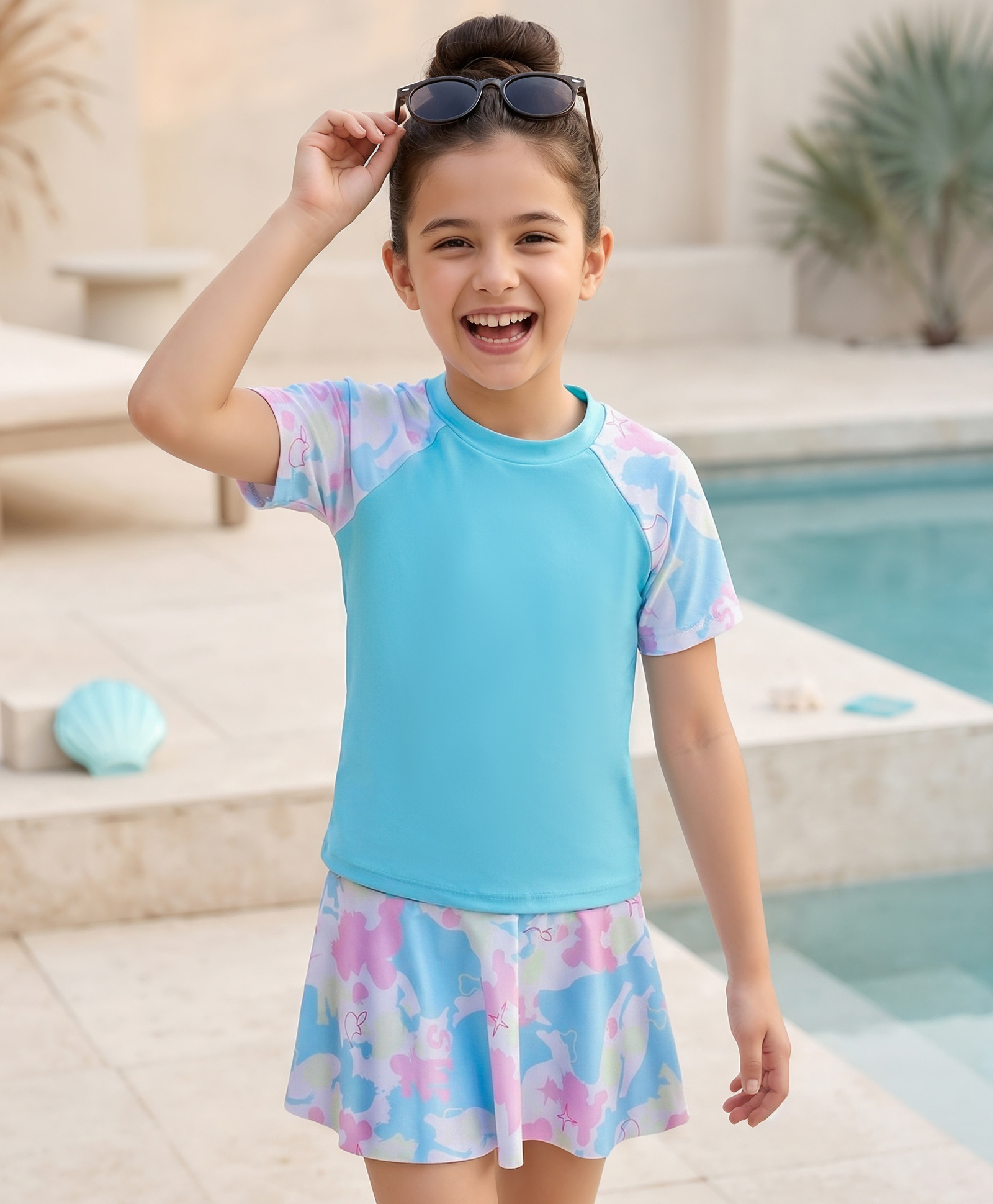 Pine Kids Half Raglan Sleeves Printed Two Piece Swimsuit - Light Blue-image-22