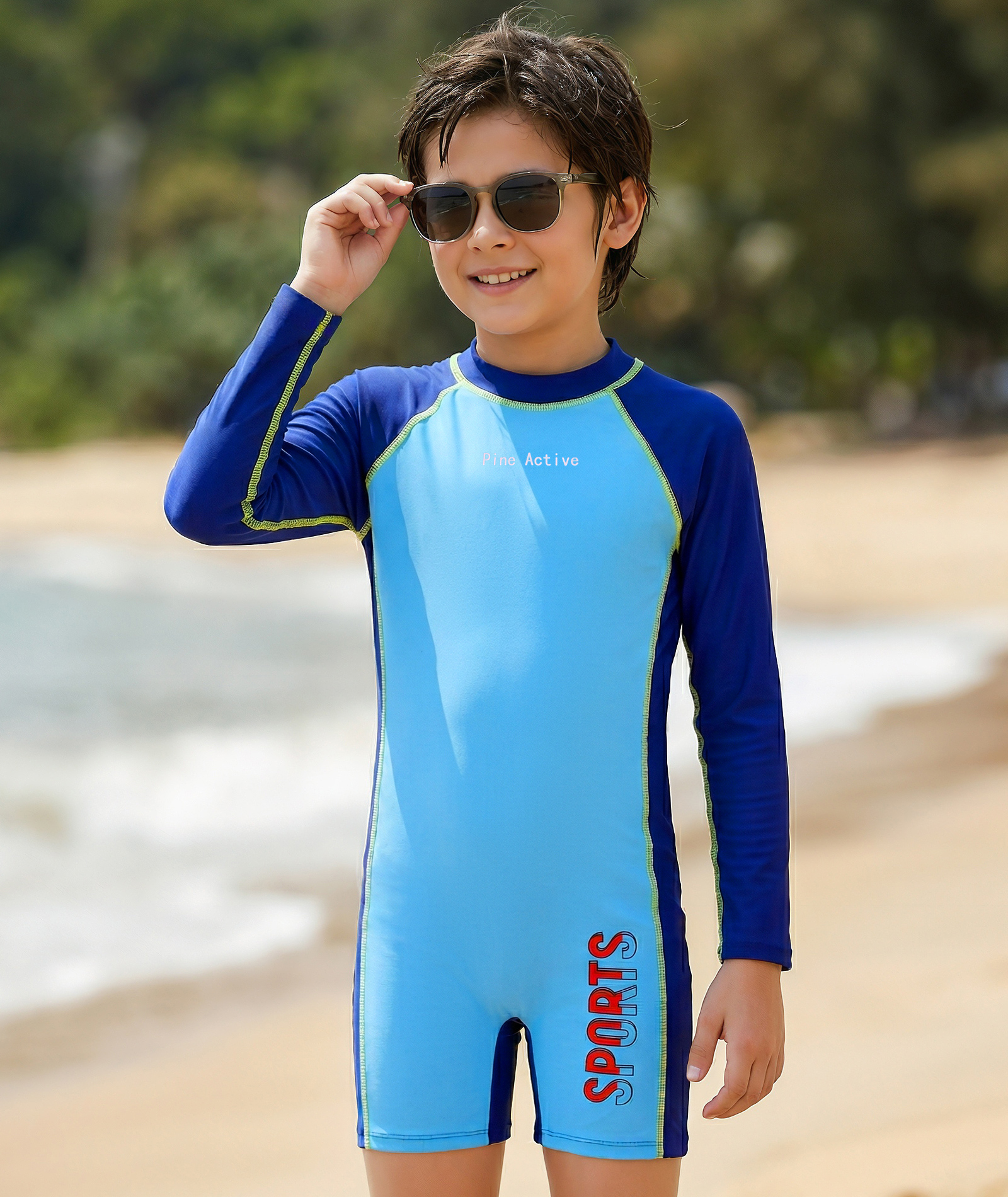 Pine Active Full Raglan Sleeves Legged Swimsuit - Blue-image-44