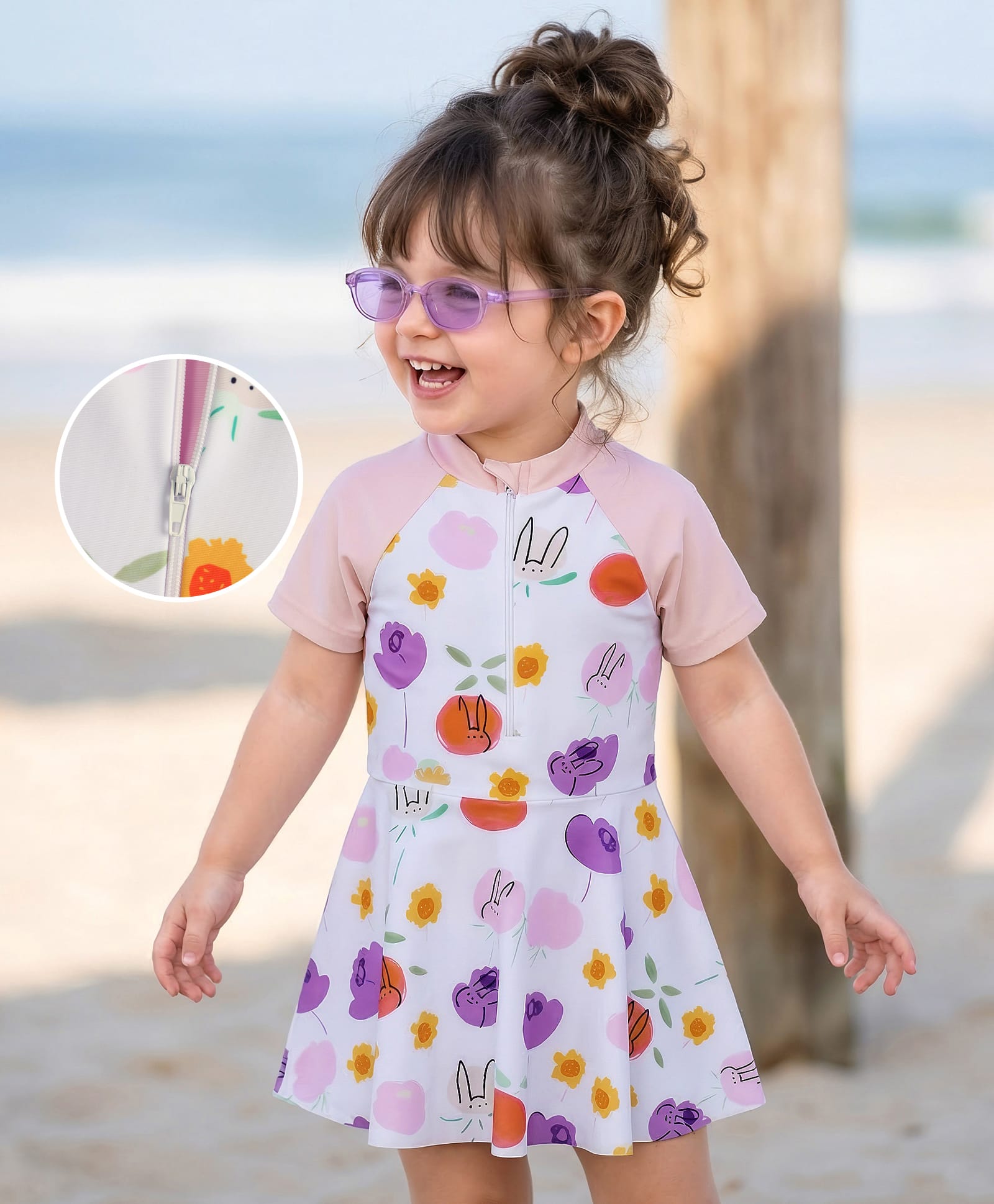 Mark & Mia Half Raglan Sleeves Animal Printed Frock Swimsuit - White & Pink-image-21