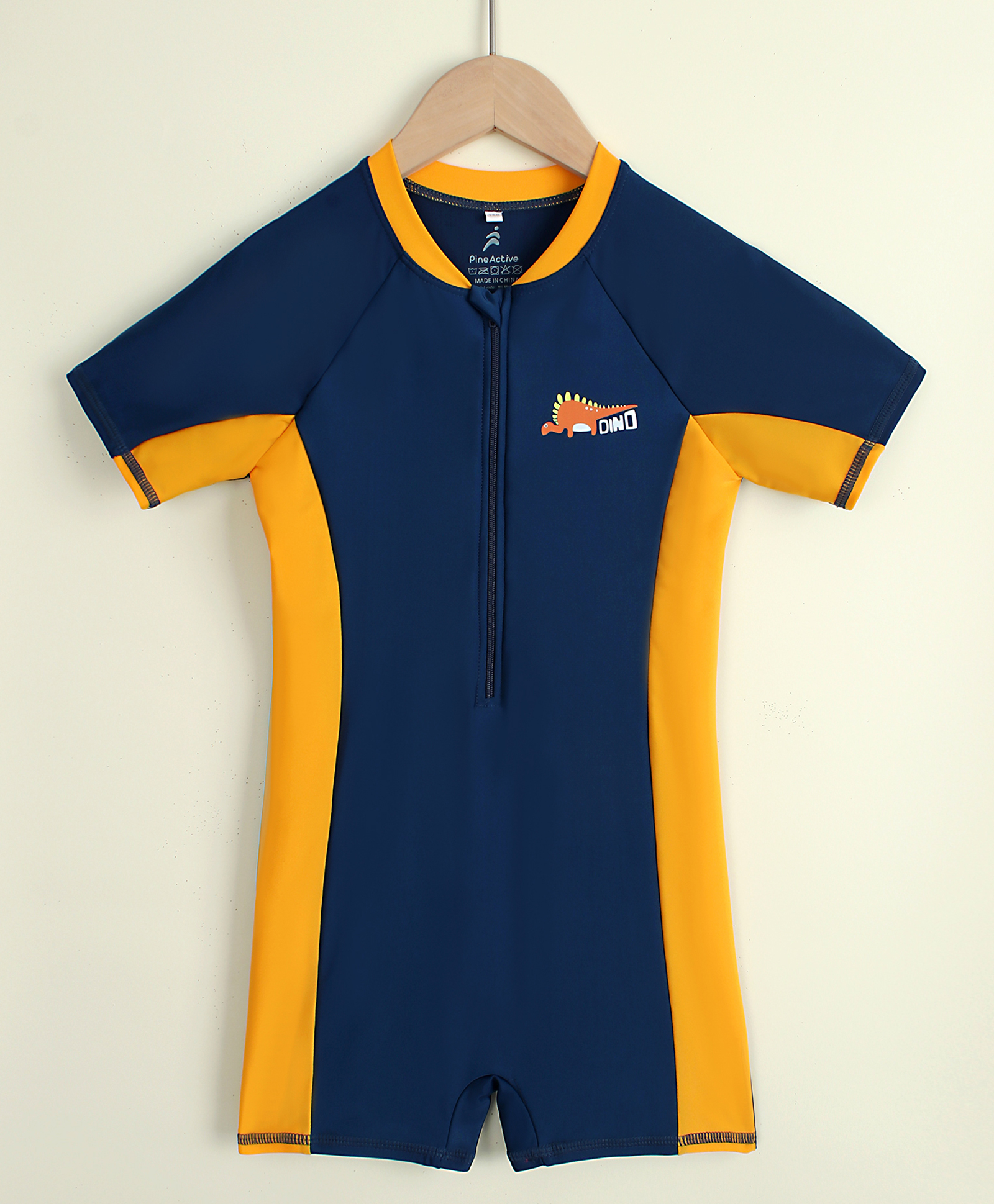 Pine Active Half Raglan Sleeves Legged Swimsuit with Dino Print - Yellow