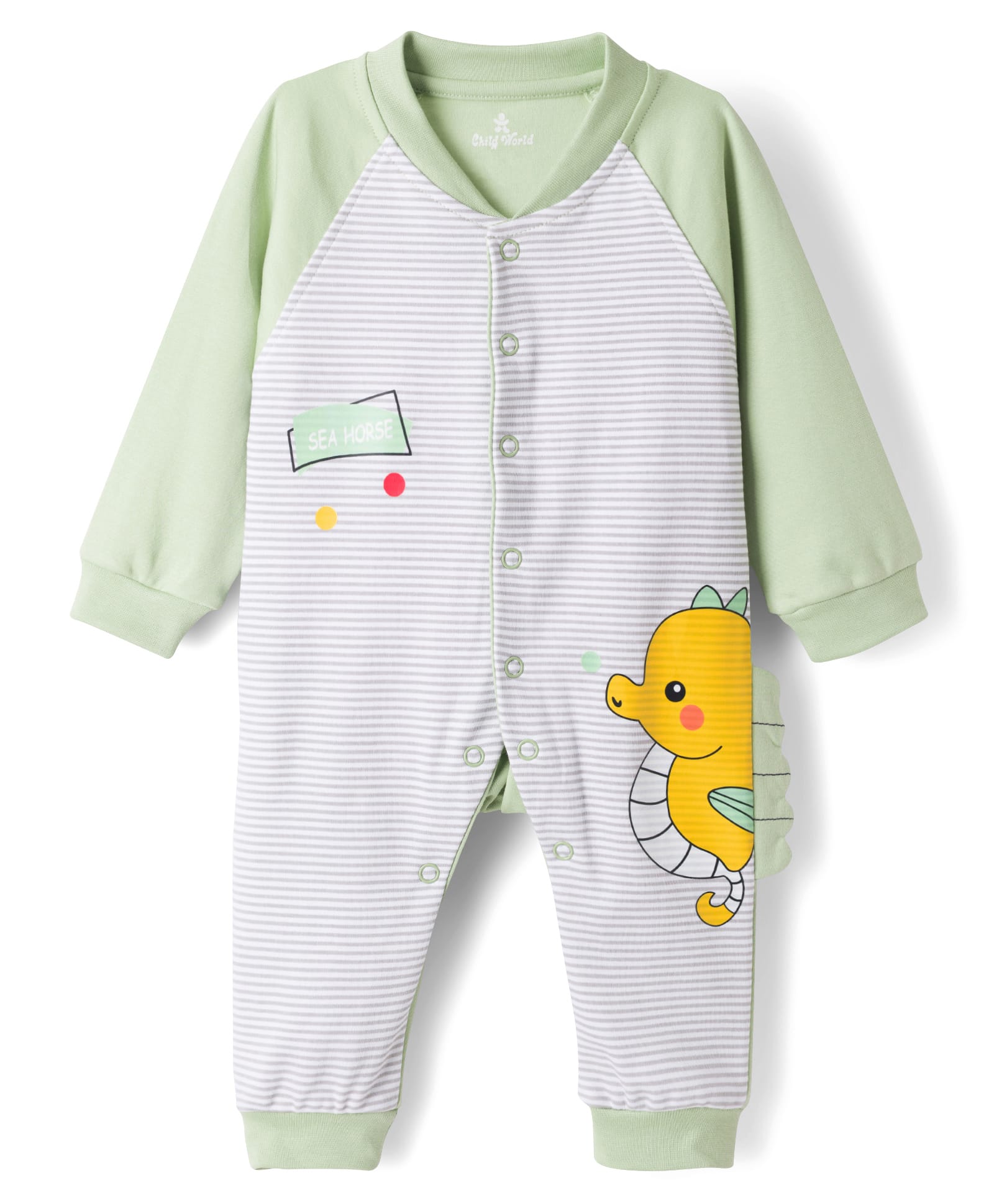 Child World Interlock Knit Full Raglan Sleeves Romper With Seahorse Print - Olive Green-picture-8