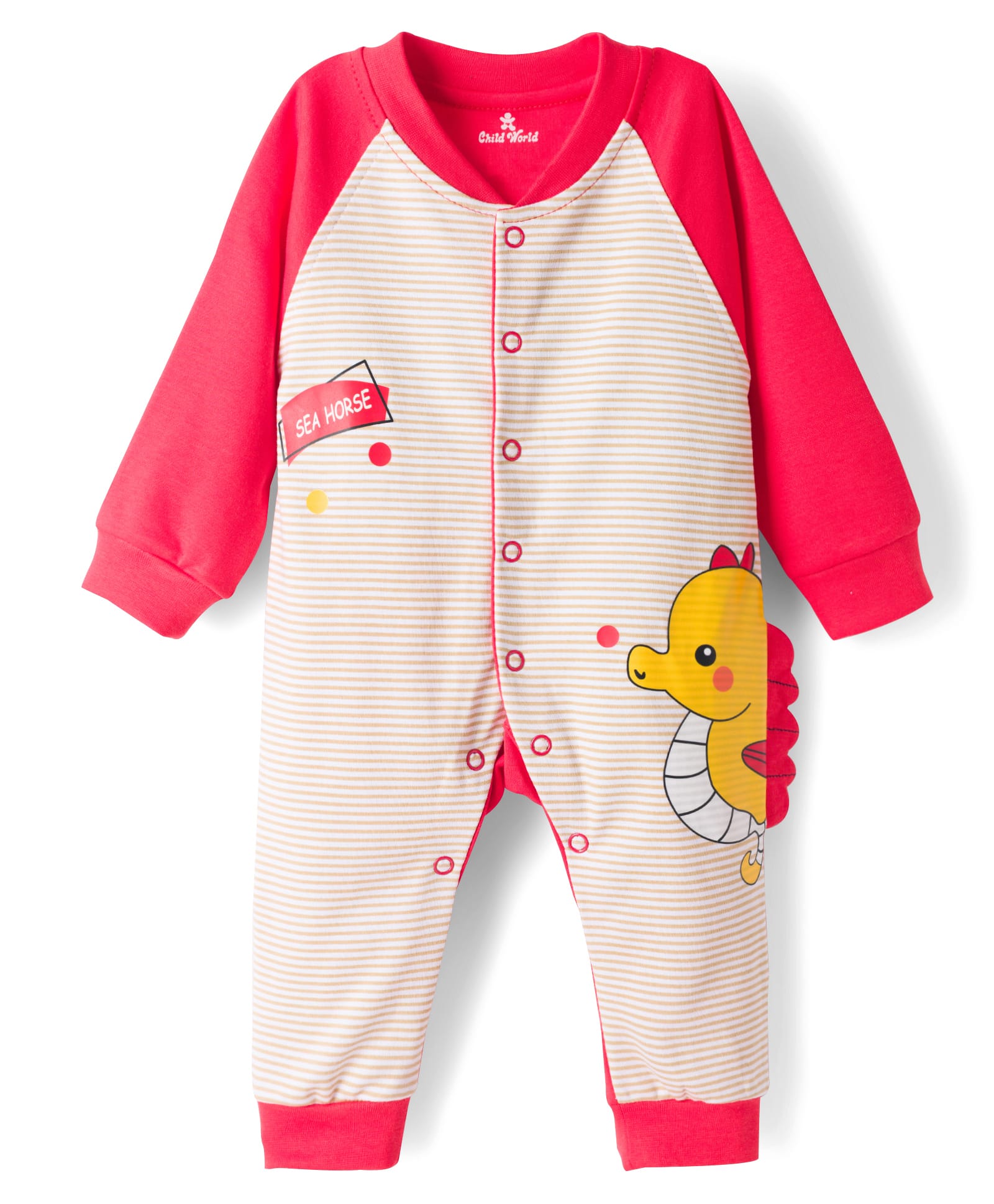 Child World Interlock Knit Full Raglan Sleeves Romper With Seahorse Print - Red-picture-44