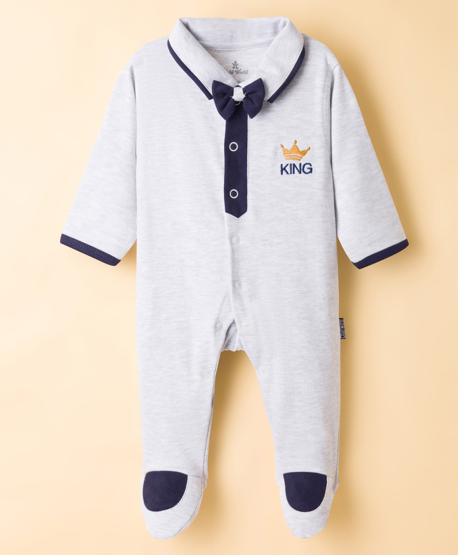 Child World Interlock Knit Full Sleeves Footed Party Romper With King Embroidery & Bow - Light Grey-picture-17