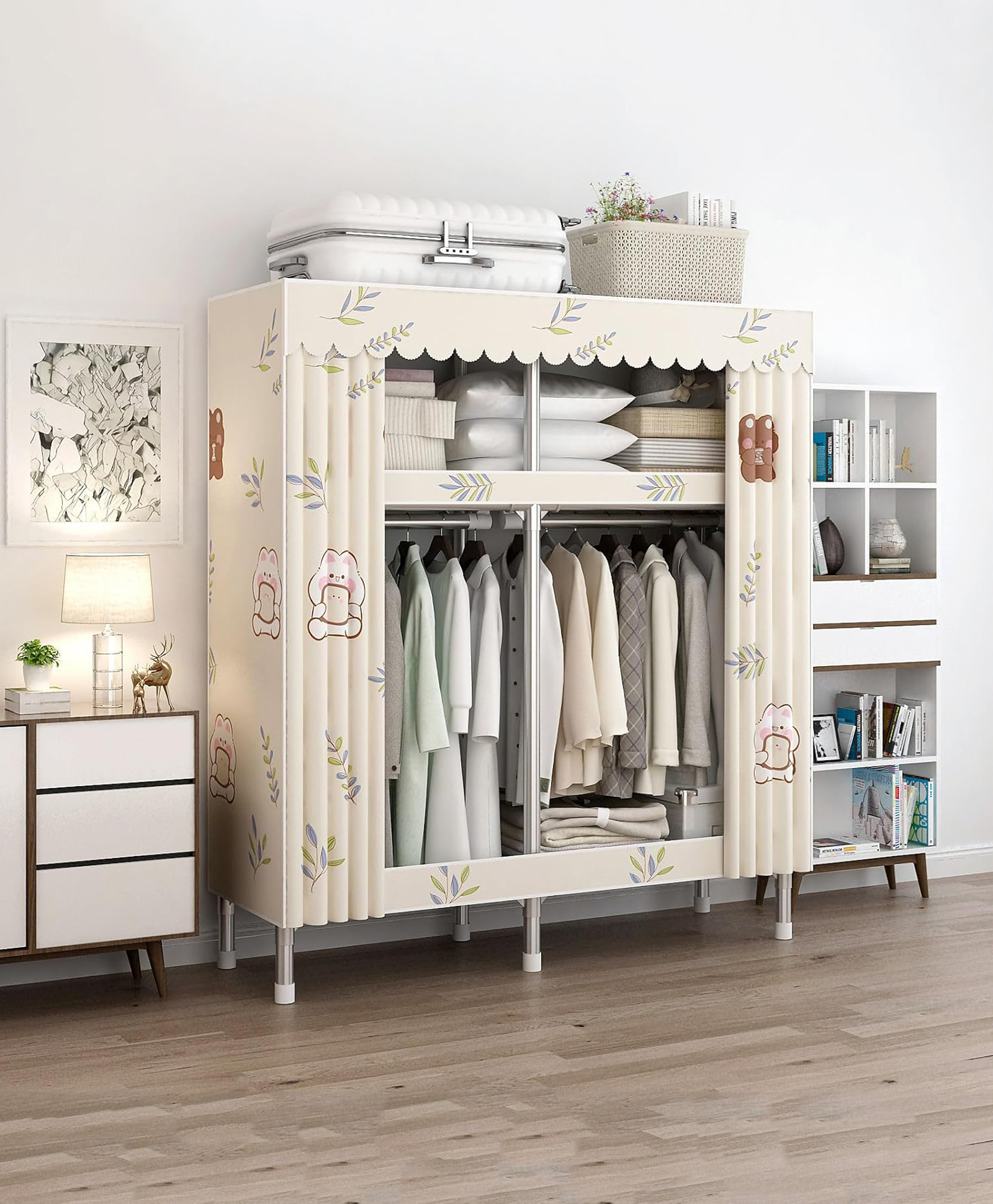 Monstech Large Baby Portable Collapsible Baby Wardrobe Closet Organizer for Clothes Fabric Almirah with Cover, Side Pockets, Large Capacity Storage Cabinet for Bedroom, Living Room