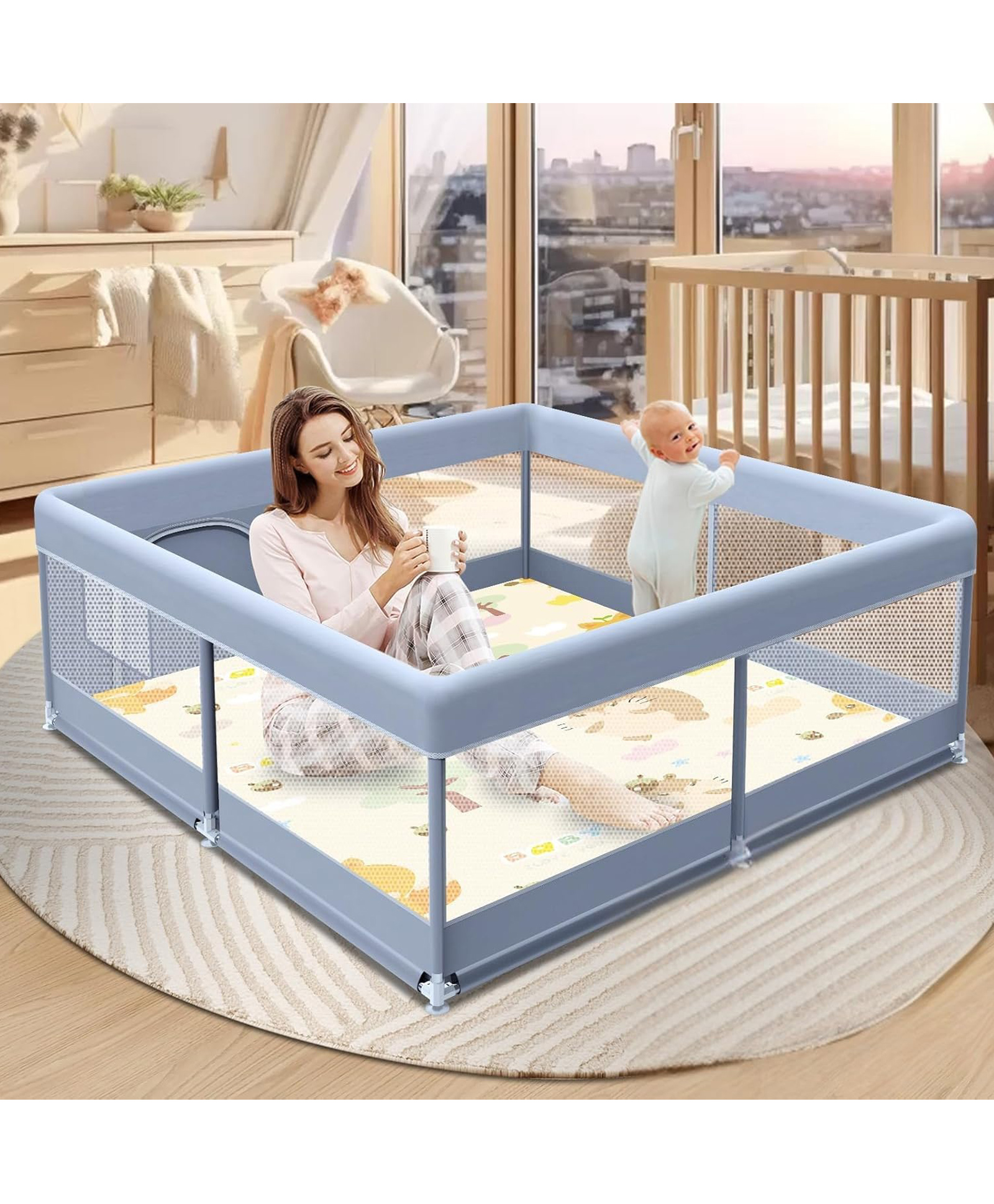 Monstech Baby Playpen 120x120cm Playpen for Baby up to 5 Years, Safety Lock, Breathable Mesh, Kids Activity Center Play Pen
