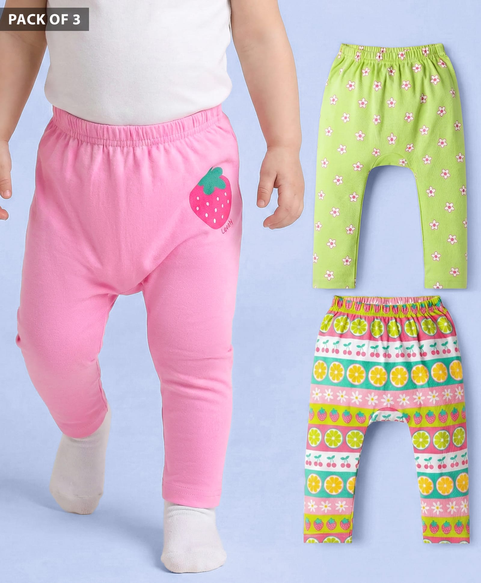 Babyhug Cotton Interlock Knit Full Length Diaper Leggings With Floral Print Pack Of 3 - Pink & Green-picture-18