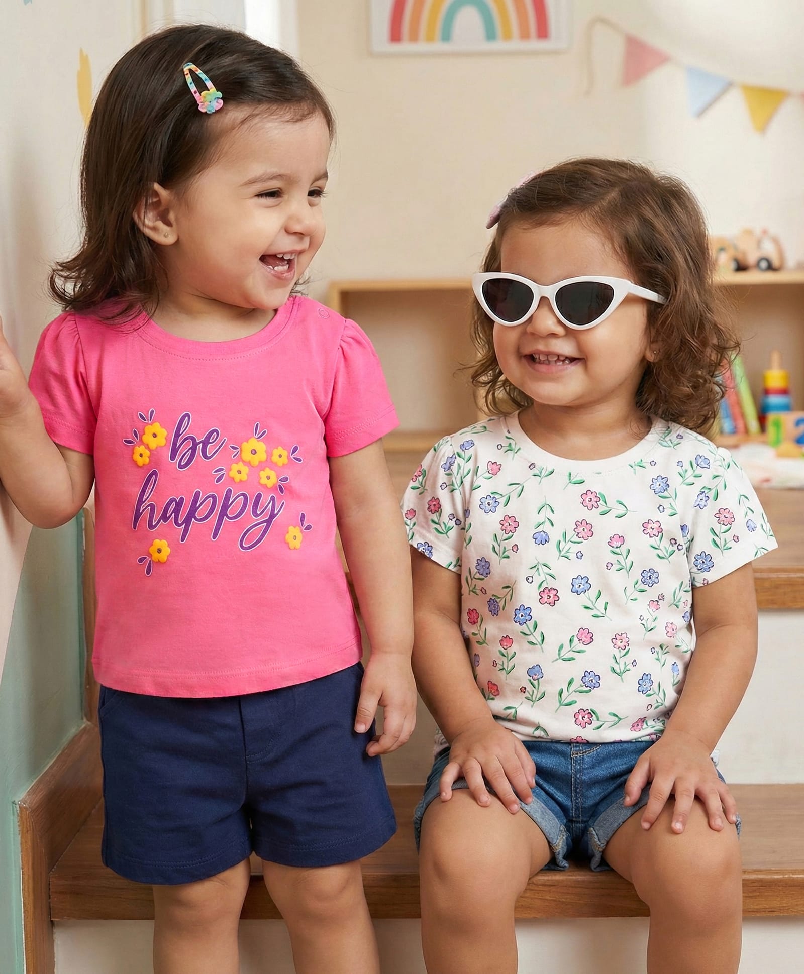 Doodle Poodle 100% Cotton Knit Half Sleeves Tops with Floral Print Pack of 2 - Pink & White-image-10