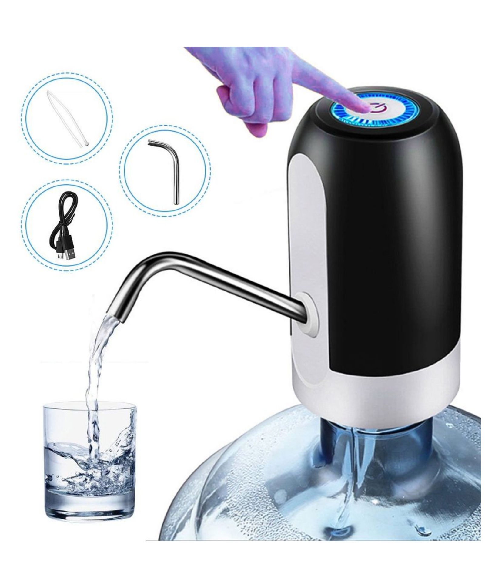 YAMAMA Electric Dispenser Water Pump, Drinking Bottle Auto Switch Pump USB Charging with 5PCs Gallon Non-Spill Caps Fits Most Gallon Bottles for Home Office - (Pack of 1 - Color May Vary)-image-15