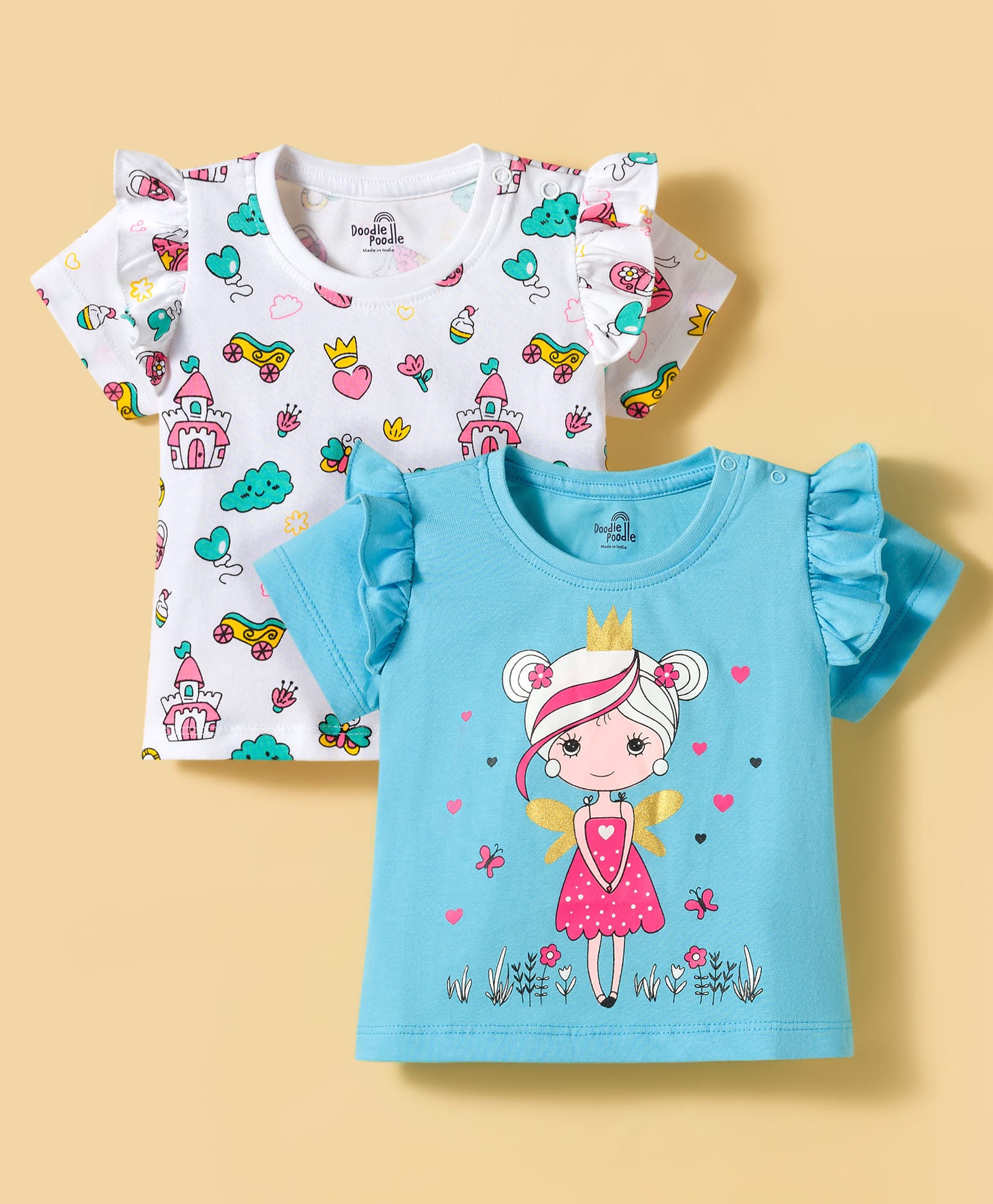 Doodle Poodle 100% Cotton Knit Half Sleeves Tops with Fairy Print Pack of 2 - Light Blue & White-image-24
