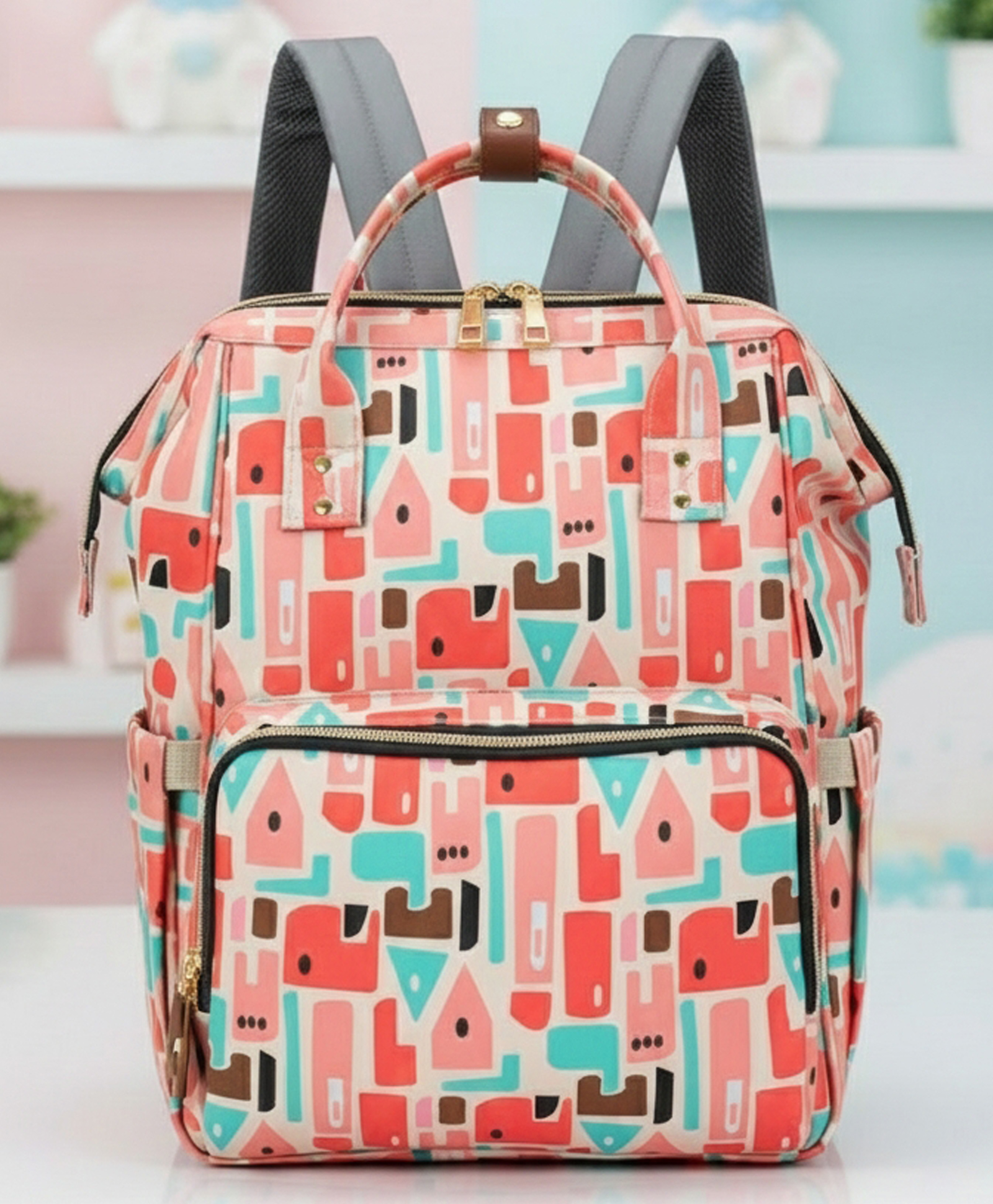 Purple Tots Maternity Diaper Bag - Peach Geometric Print-image-43