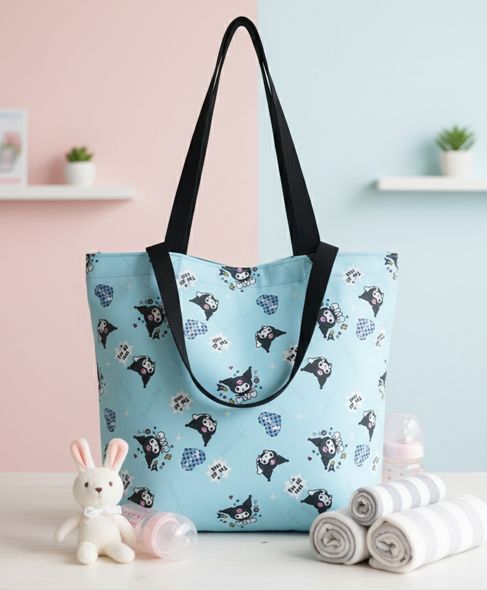 Purple Tots Maternity Diaper Bag - Sky Blue- kitty Print-image-12