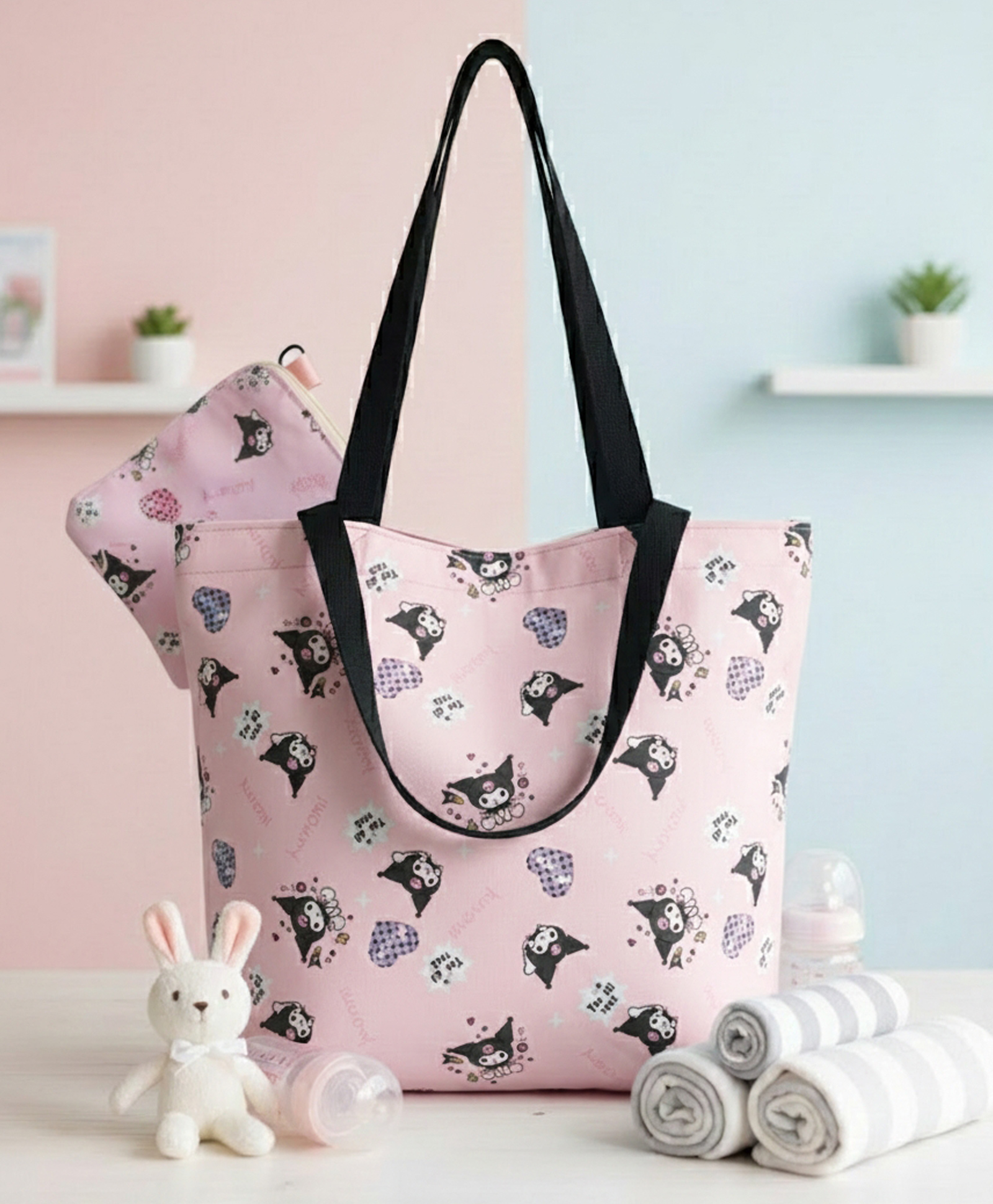 Purple Tots Maternity Diaper Bag - Baby Pink- kitty Print-picture-21