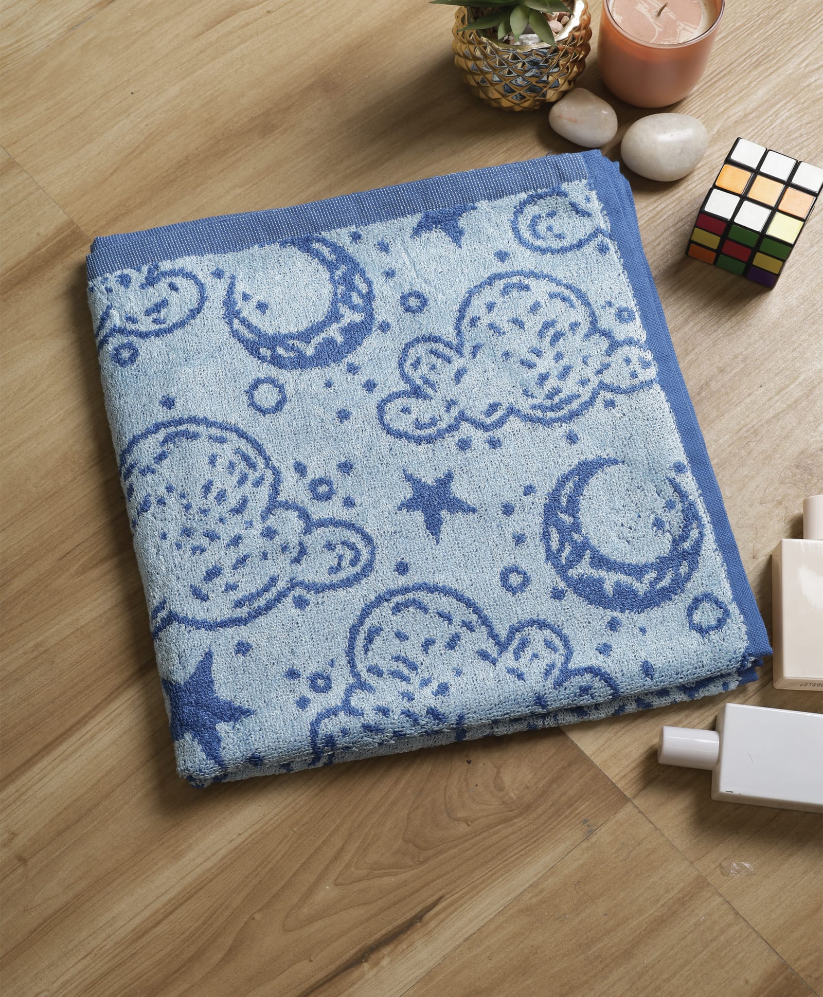 hrit Kiwi Cotton Woven Star & Cloud Designed Bath Towel - Blue-picture-38