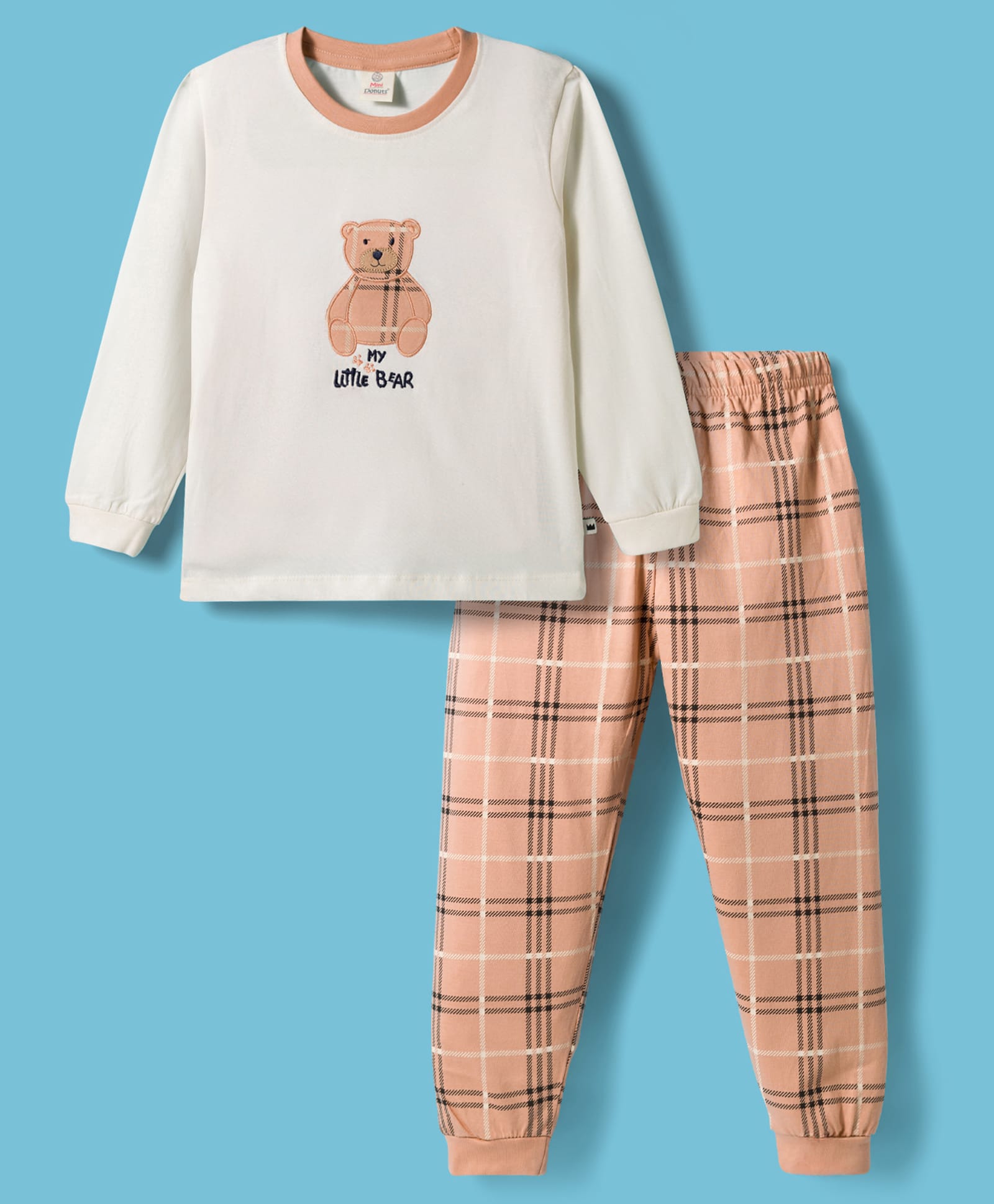 Mini Donuts Single Jersey Knit Full Sleeves Bear Embroidered T-Shirt & Checkered Lounge Pant Set - Peach-image-19
