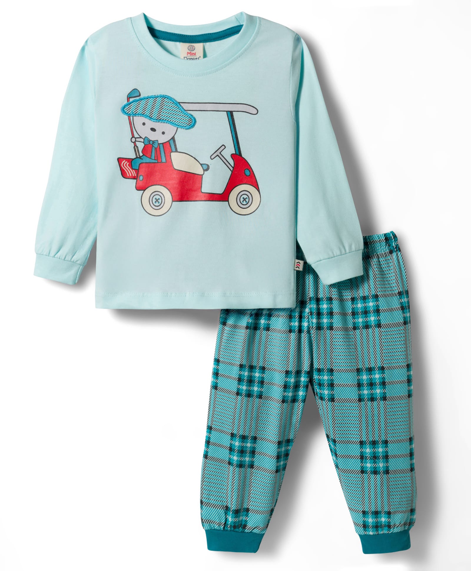 Mini Donuts Single Jersey Knit Full Sleeves Vehicle Printed T-Shirt & Checkered Lounge Pant Set - Aqua Blue-image-43