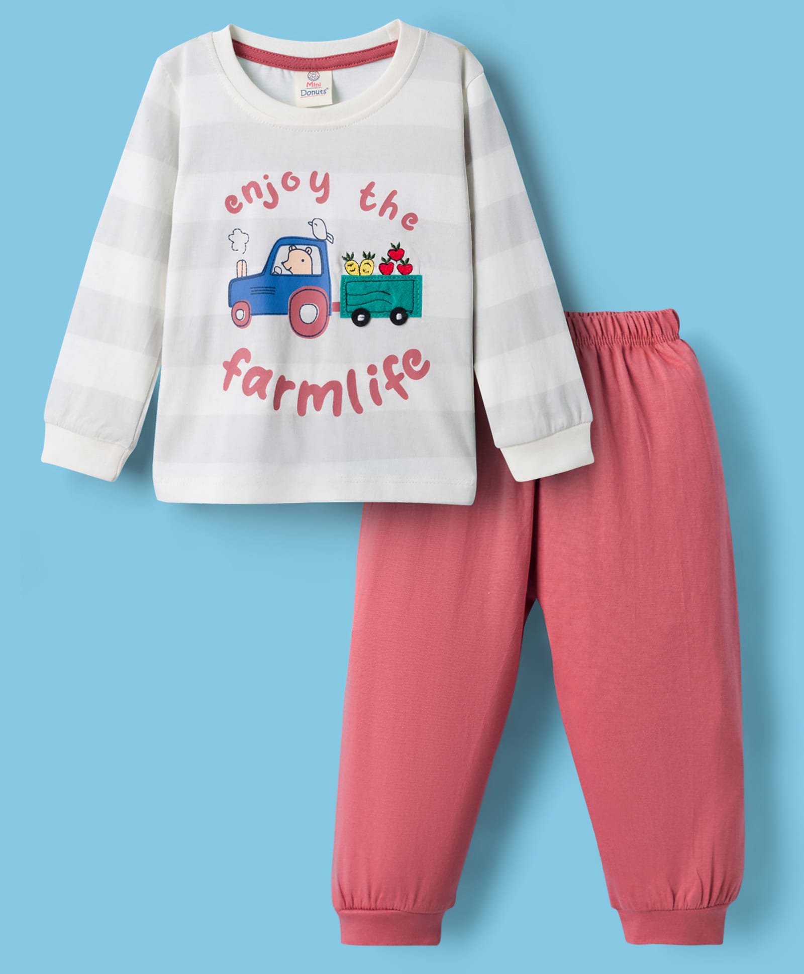 Mini Donuts Single Jersey Knit Full Sleeves Vehicles & Animals Printed T-Shirt & Solid Colour Lounge Pant Set - Rust Orange-picture-21