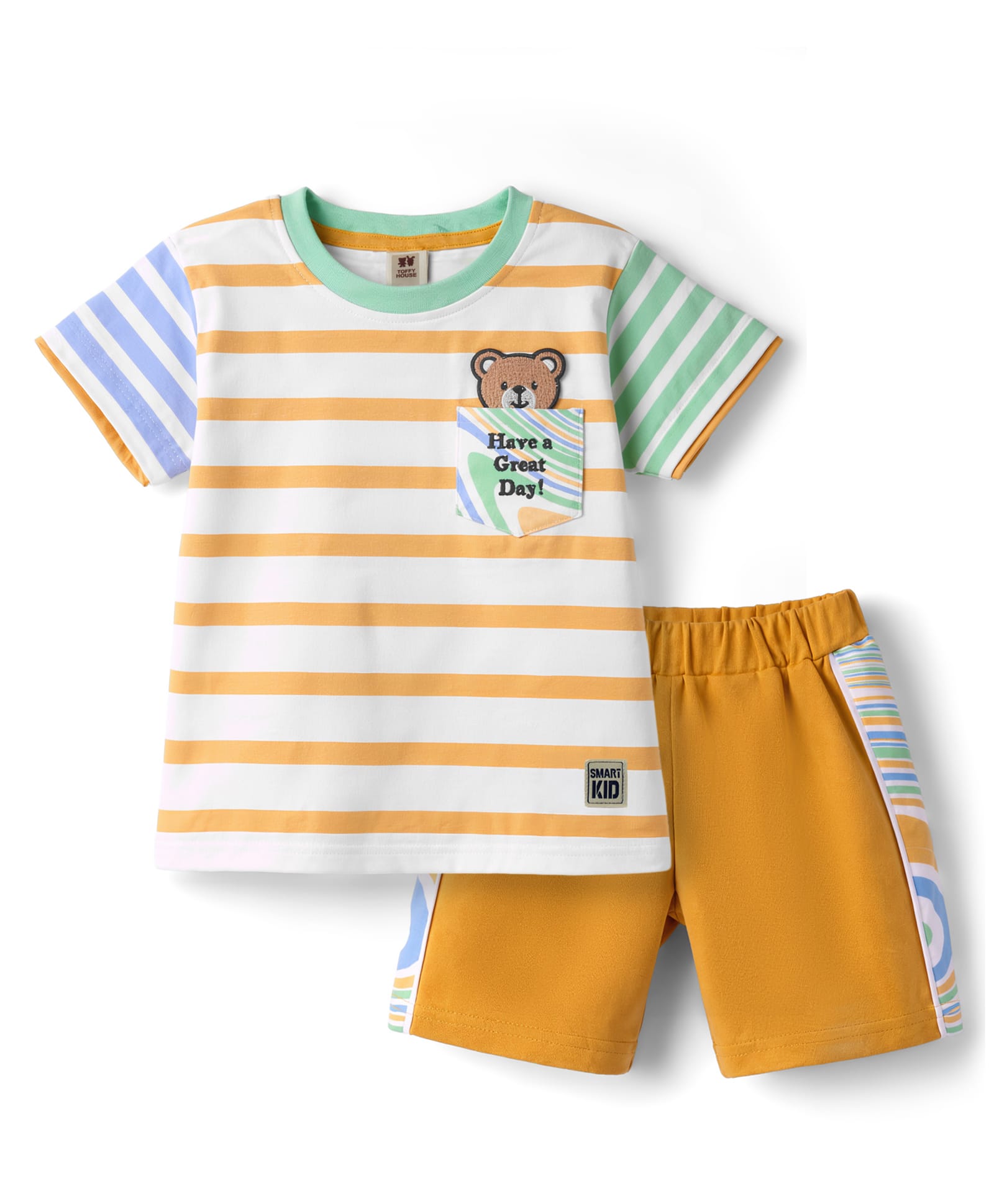 ToffyHouse Knit Half Sleeves Striped T-Shirt & Short Set With Bear Patch - Multicolor-image-48