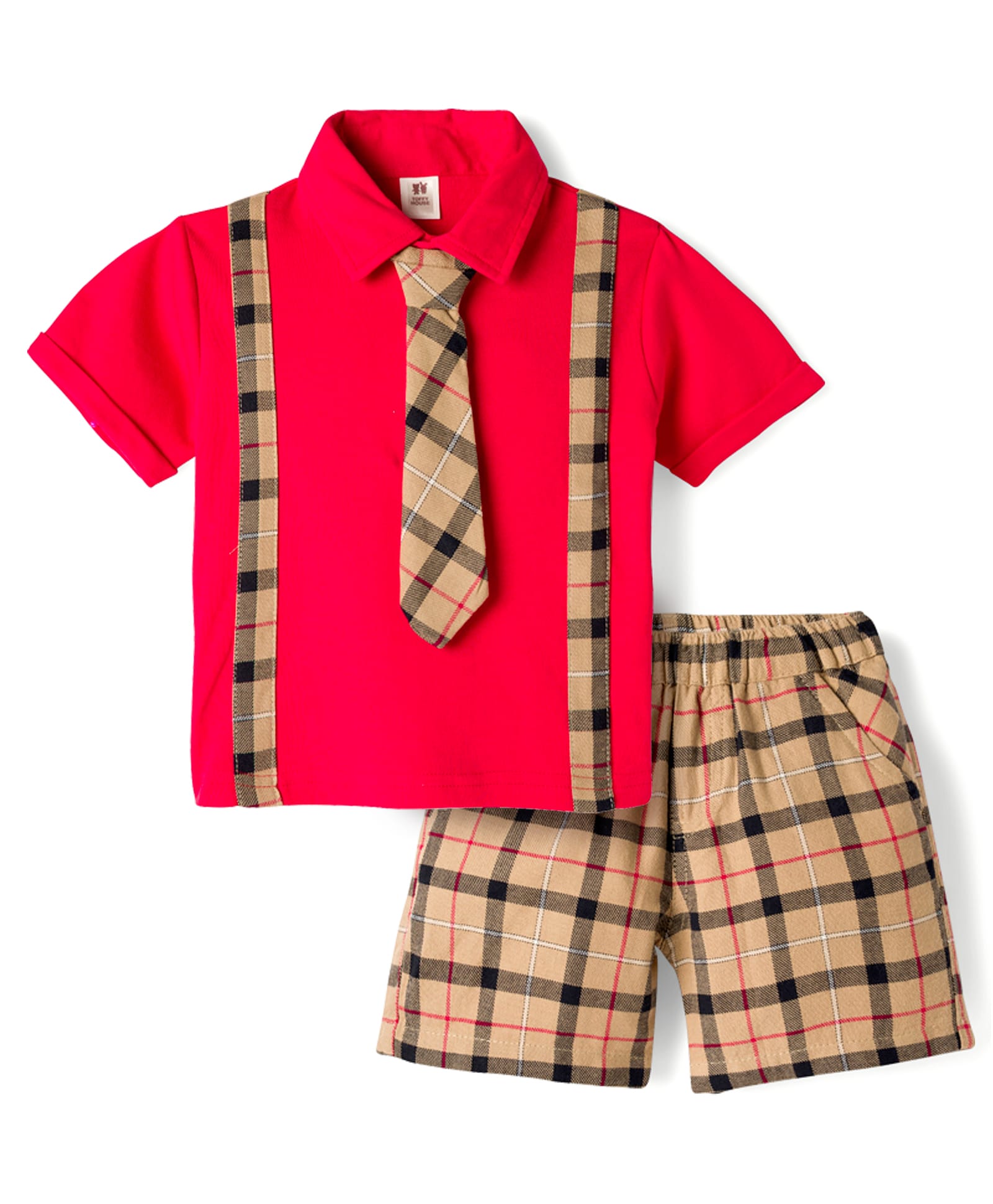 ToffyHouse Cotton Knit Half Sleeves Polo T-Shirt & Shorts Set with Checks & Tie Applique - Red-image-40