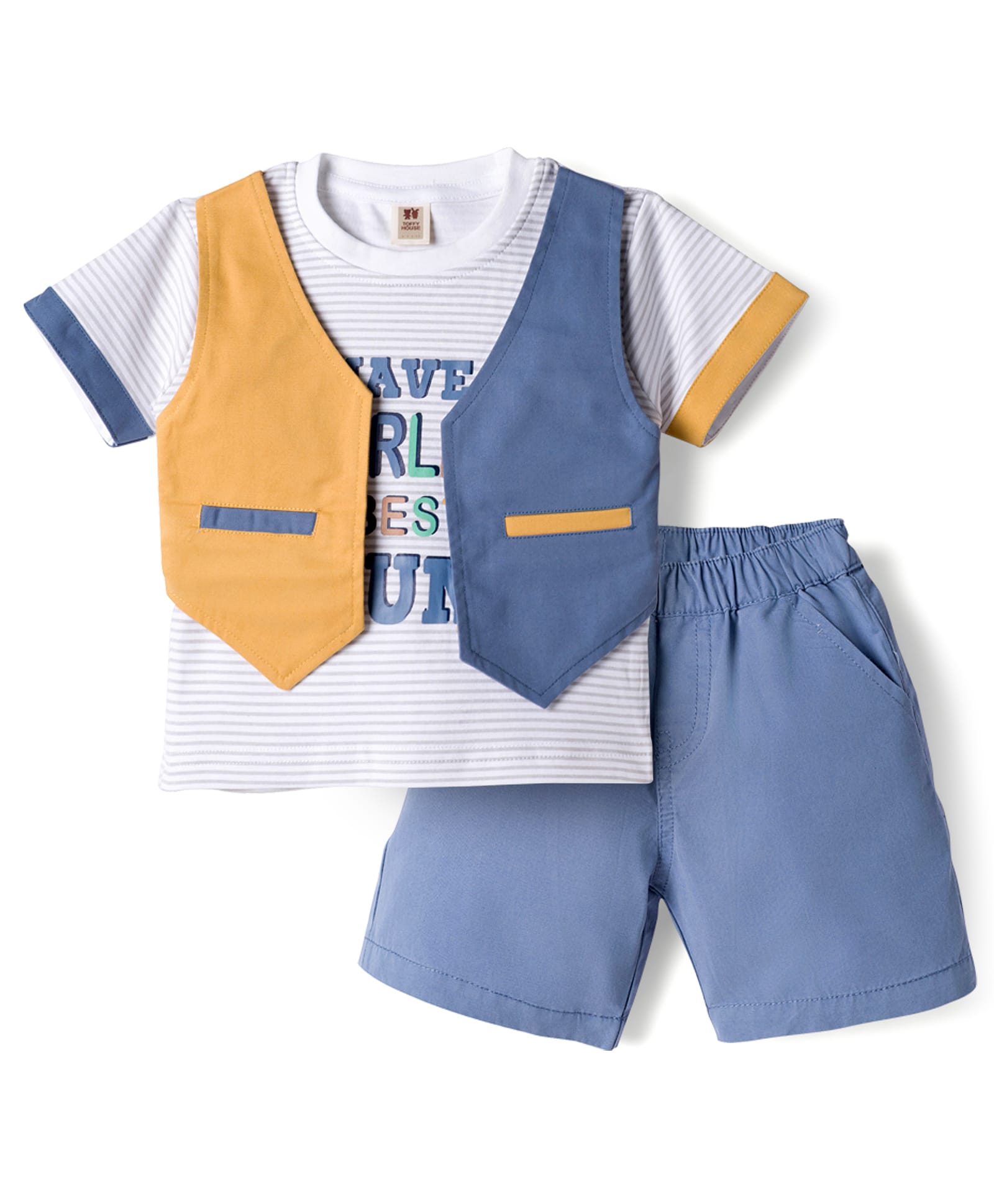 ToffyHouse Knitted Half Sleeves Striped T-Shirt & Shorts Set with Text Print - Blue & White-picture-44