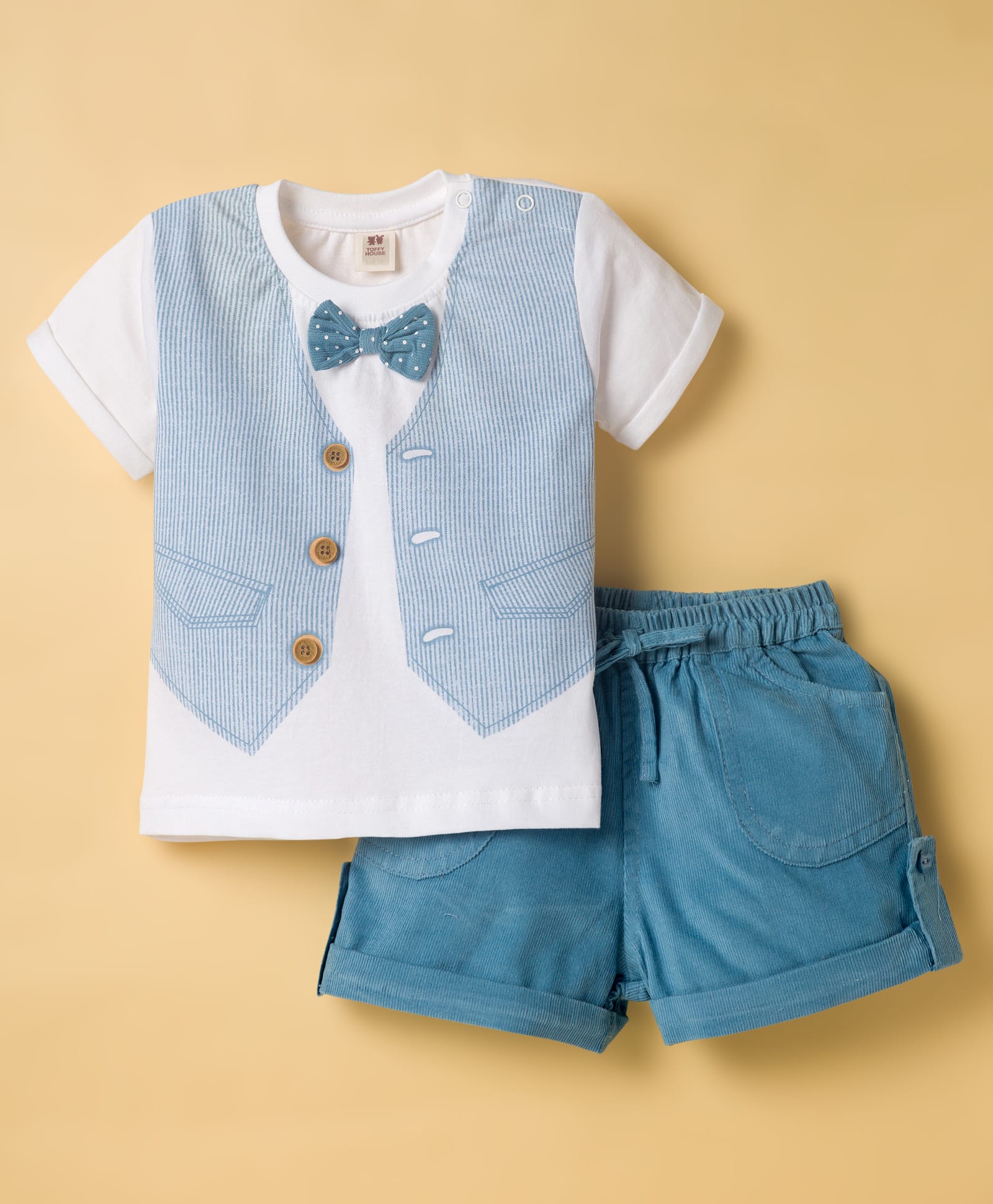 ToffyHouse Interlock Woven Half Sleeves T-Shirt with Attached Bow & Shorts Set with Waistcoat Print - White & Blue-picture-26