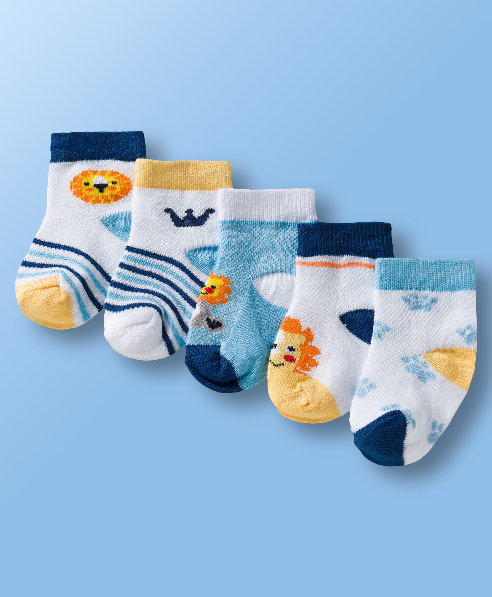 Doodle Poodle Cotton Knit Ankle Length Socks with Lion Design Pack of 5- White-picture-33