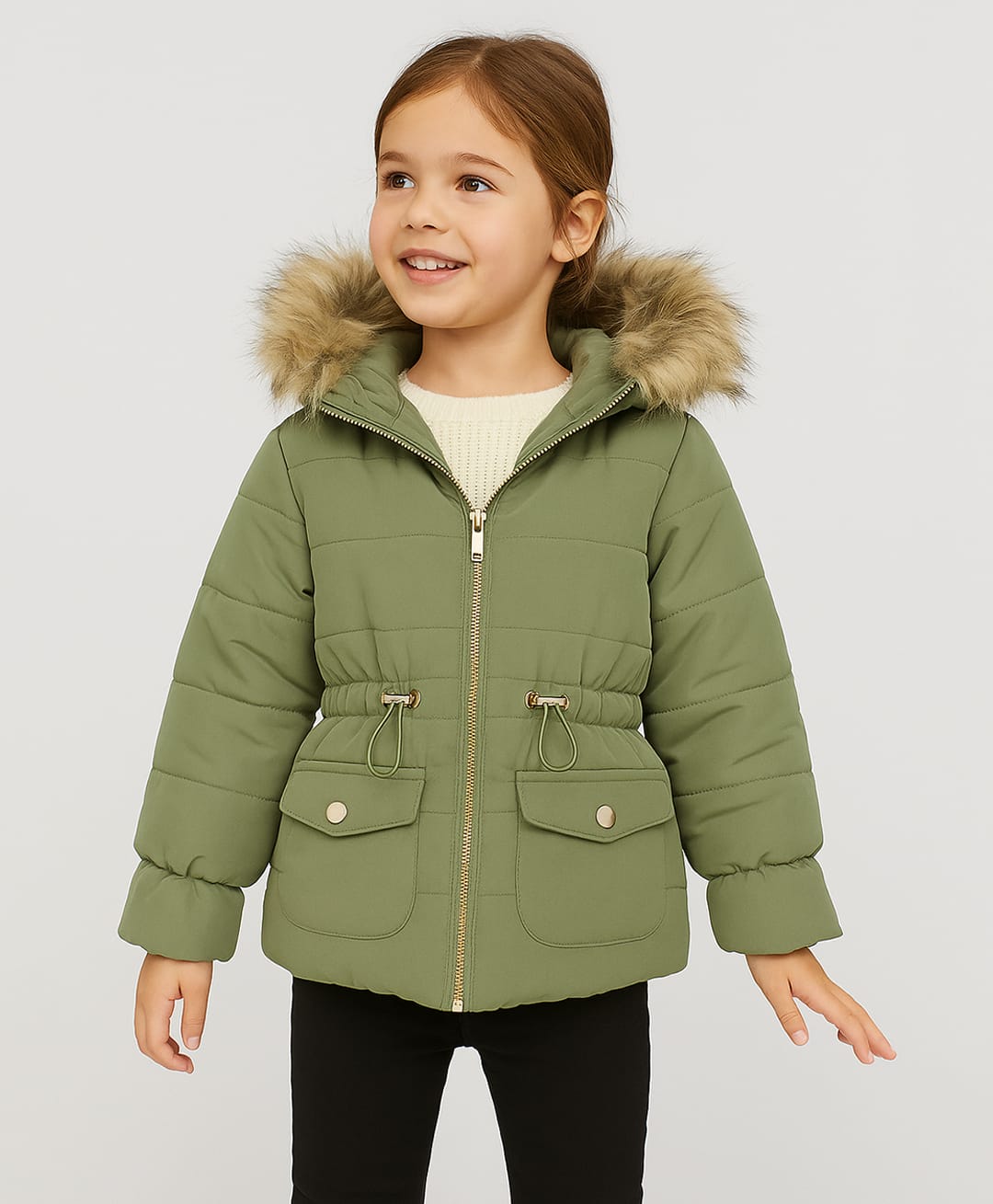 Sportking Woven Full Sleeves Fur Detailed Padded Pre Winter Hooded Jacket - Olive Green-image-40