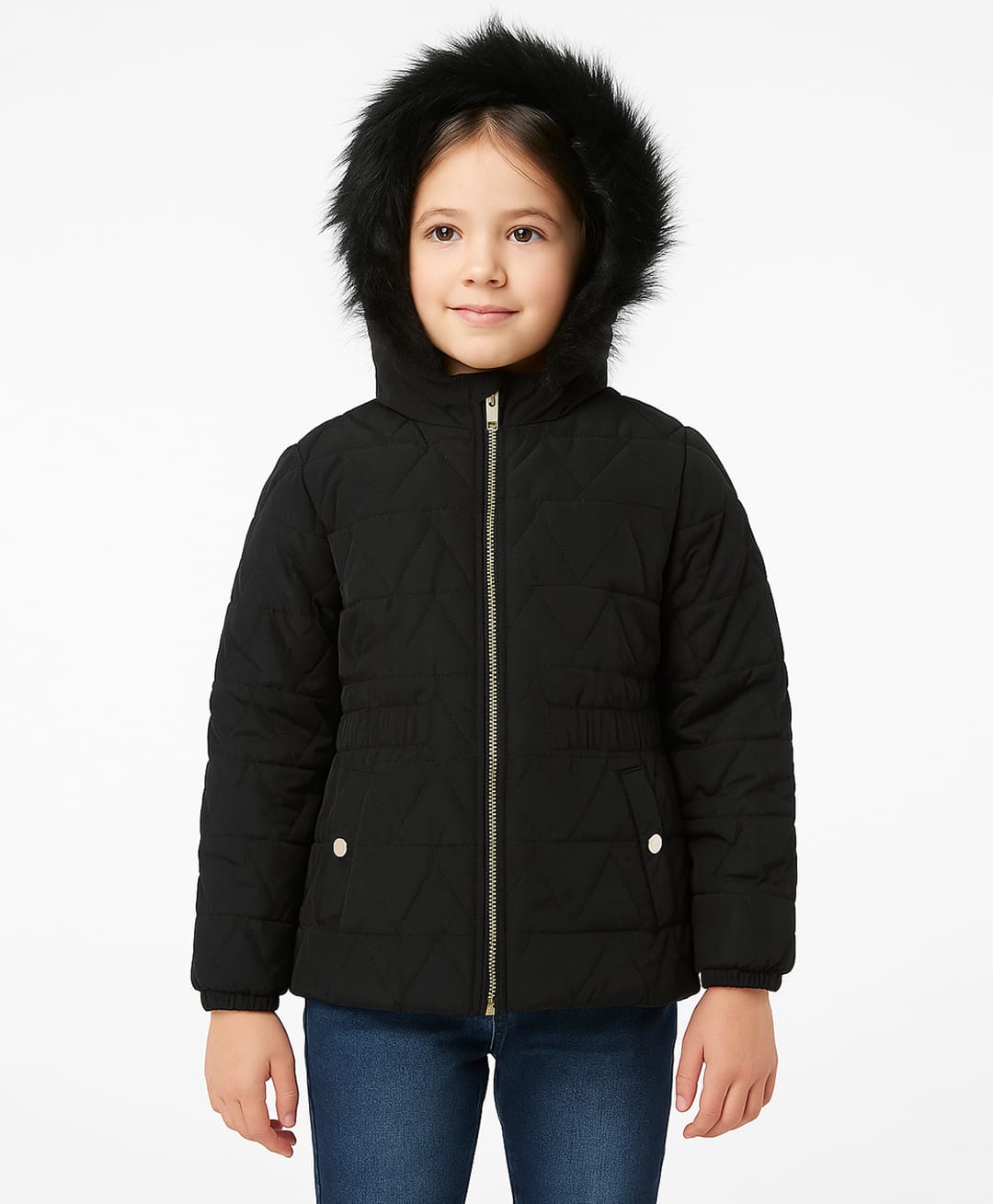 Sportking Woven Full Sleeves Fur Detailed Quilted Pre Winter Hooded Jacket - Black-picture-19