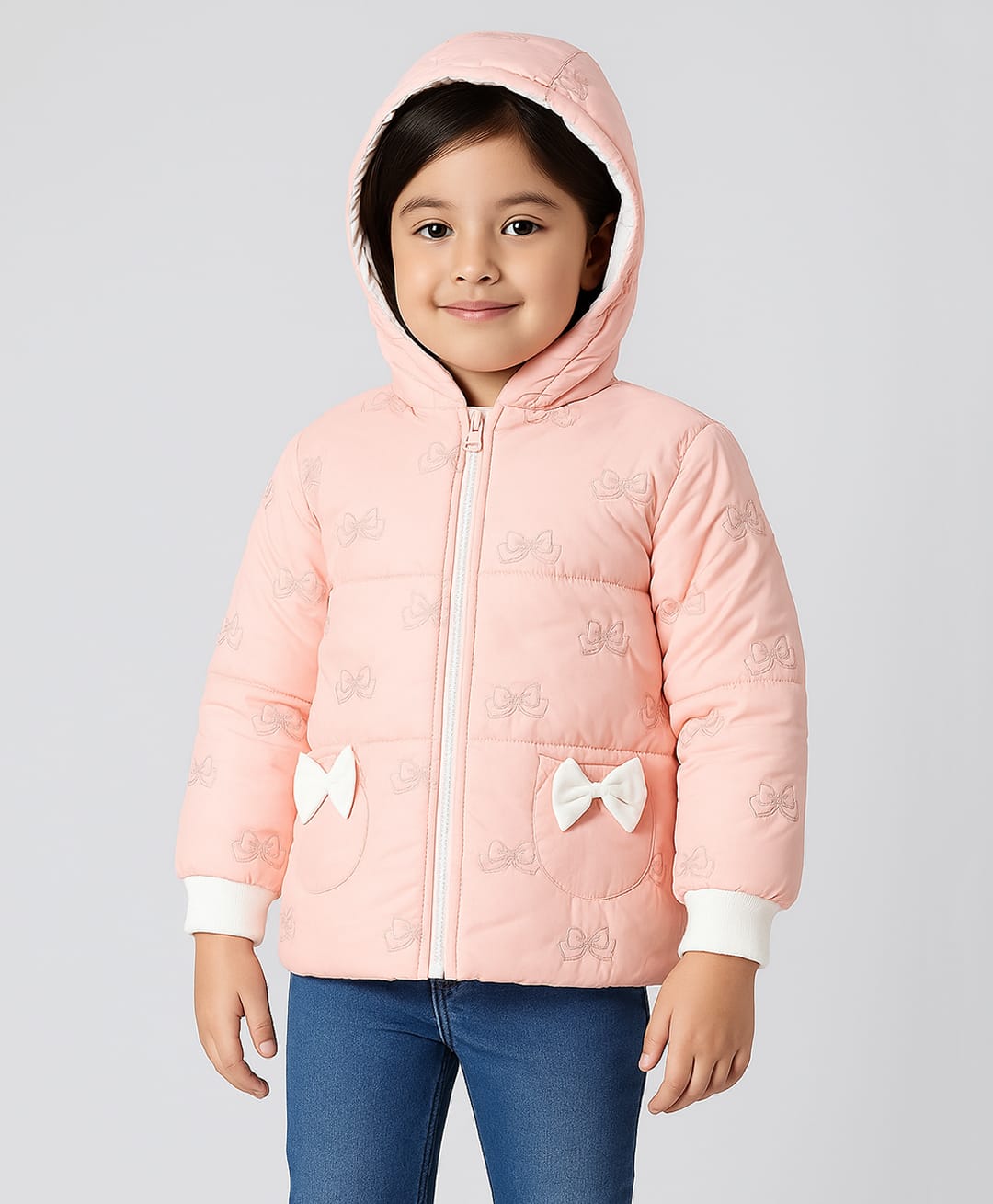 Sportking Woven Full Sleeves Bow Applique Detailed Padded Pre Winter Hooded Jacket - Peach-picture-20