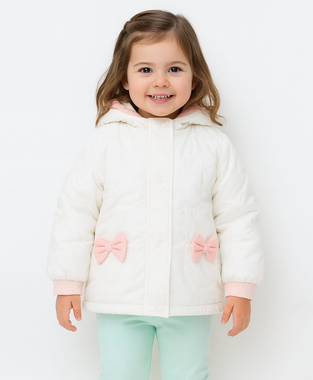 Sportking Woven Full Sleeves Bow Applique Detailed Padded Pre Winter Hooded Jacket - Off White-picture-49